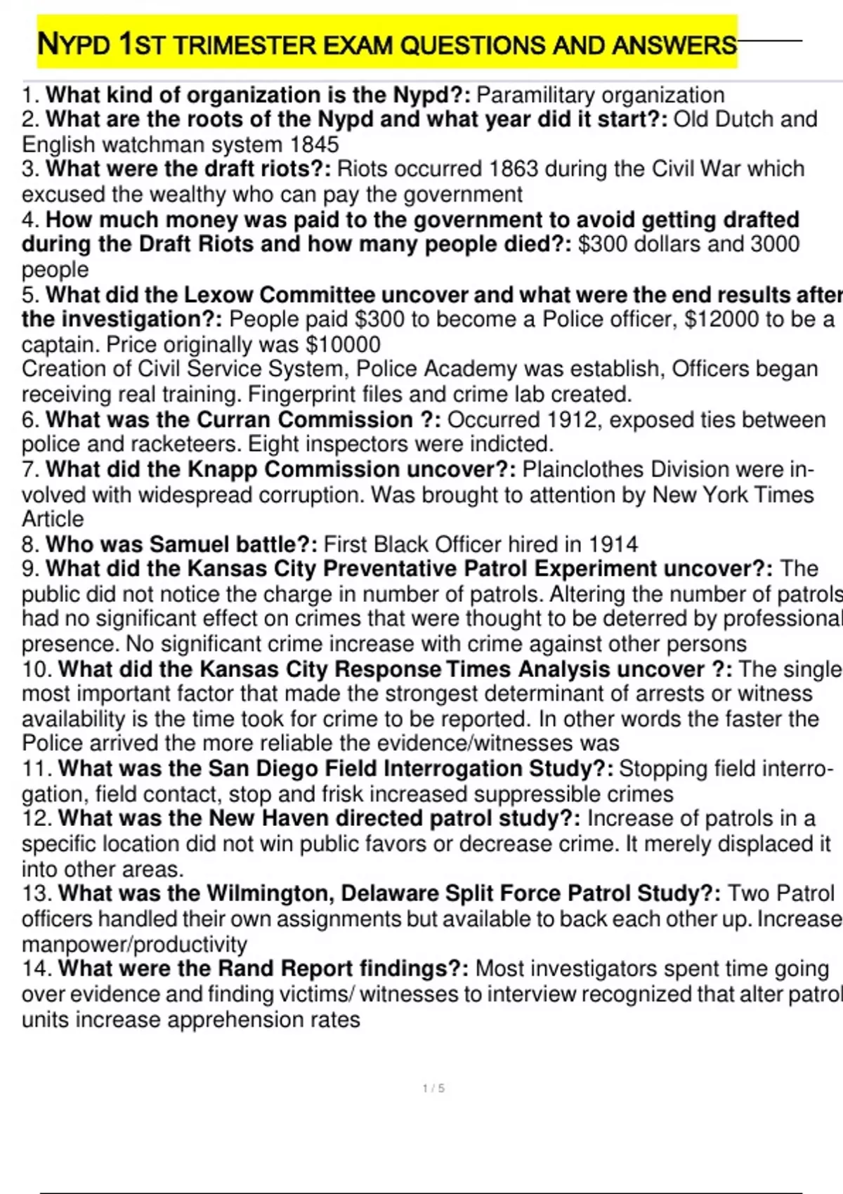NYPD 1ST TRIMESTER EXAM QUESTIONS AND ANSWERS - Nypd 1st - Stuvia US