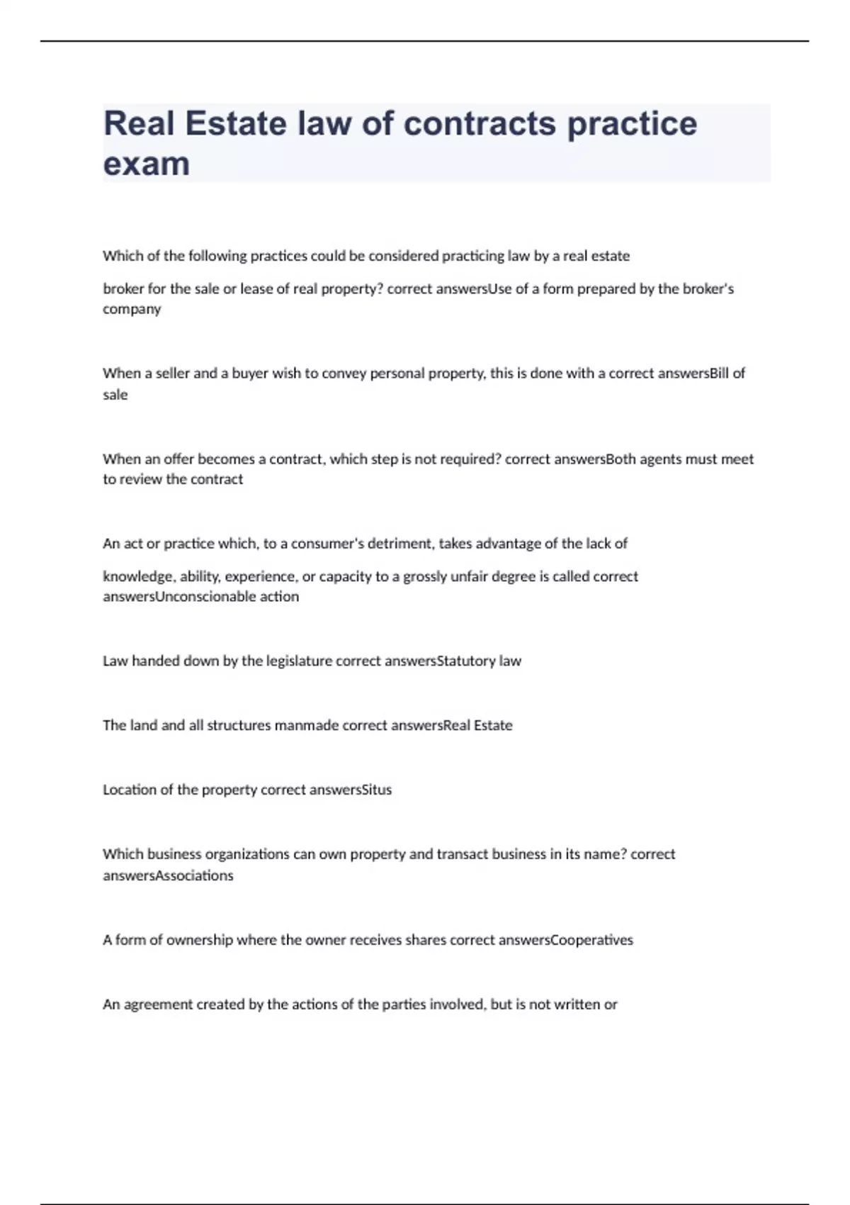 Real Estate law of contracts practice exam 2024 with verified solutions