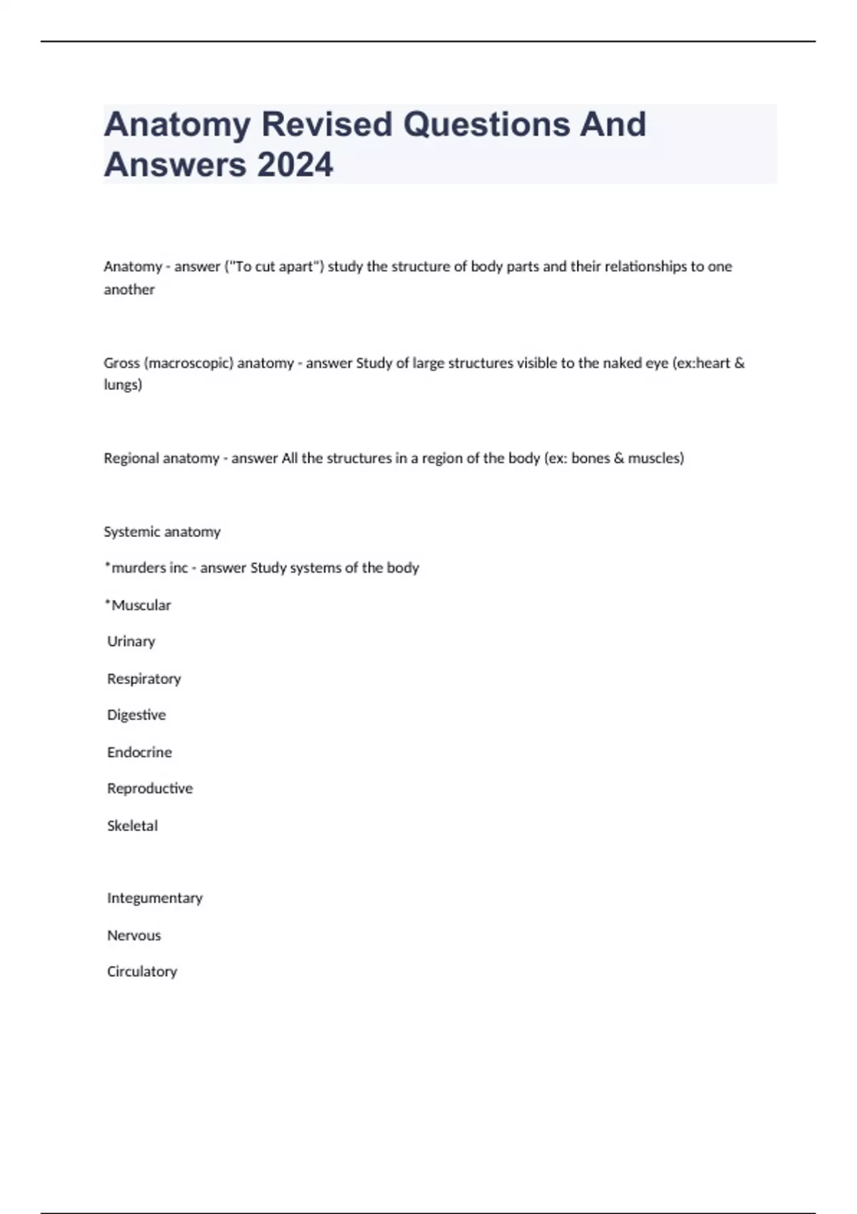 Anatomy Revised Questions And Answers 2024 - Anatomy. - Stuvia US