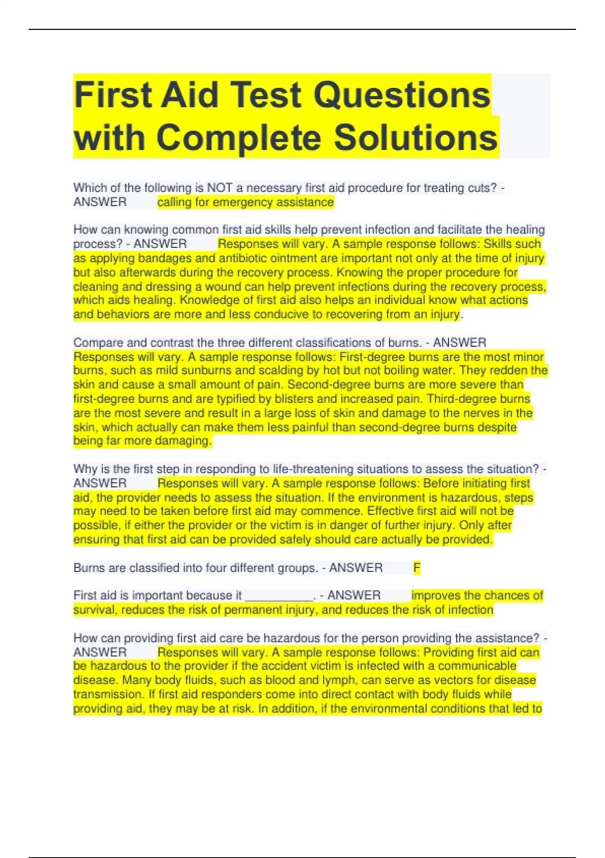 First Aid Test Questions with Complete Solutions First Aid Stuvia US
