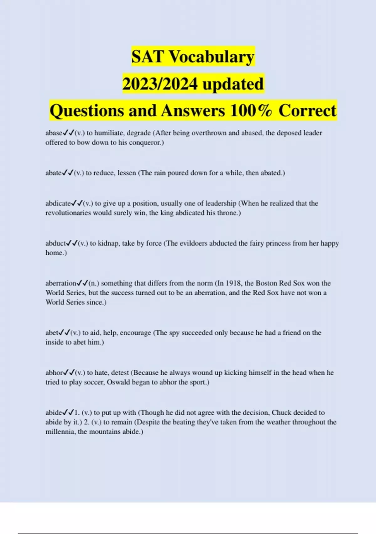 SAT Vocabulary 2023/2024 updated Questions and Answers 100% Correct ...