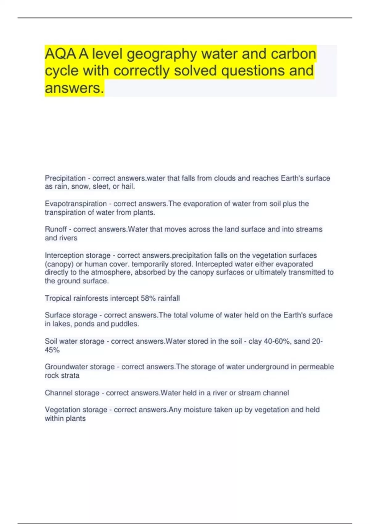 AQA A level geography water and carbon cycle with correctly solved ...
