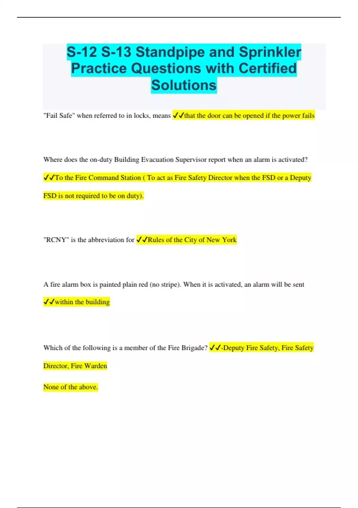 S12 S13 Standpipe and Sprinkler Practice Questions with Certified