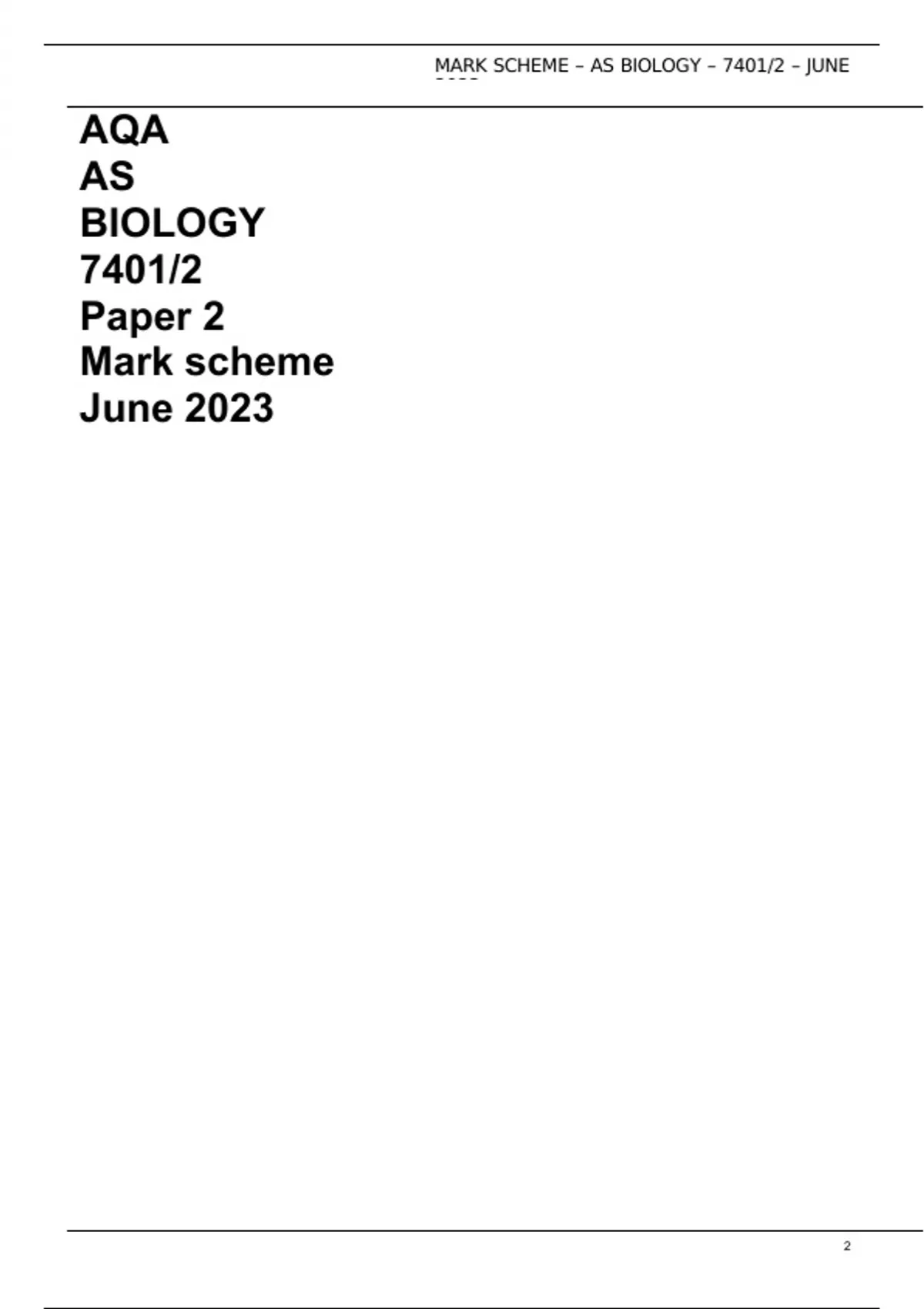 AQA AS BIOLOGY 7401/2 Paper 2 Mark scheme June 2023 - AQA - Stuvia UK