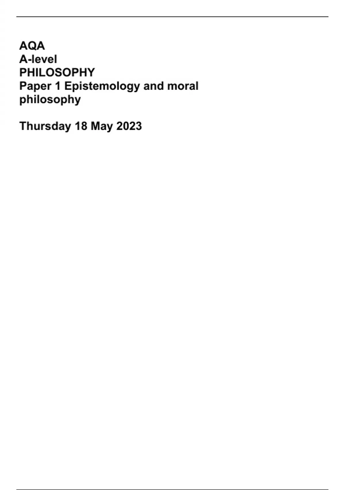 AQA Alevel PHILOSOPHY Paper 1 Epistemology and moral philosophy Thursday