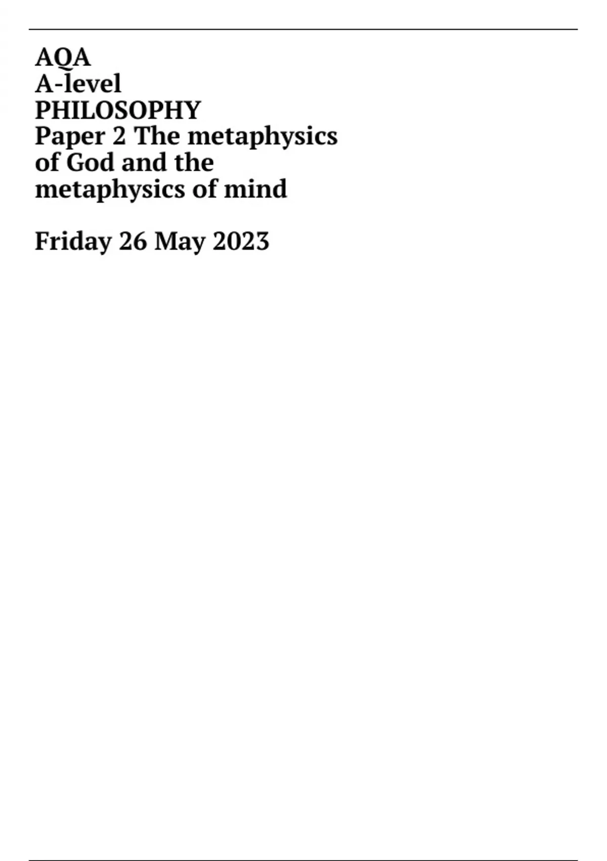 AQA Alevel PHILOSOPHY Paper 2 The metaphysics of God and the