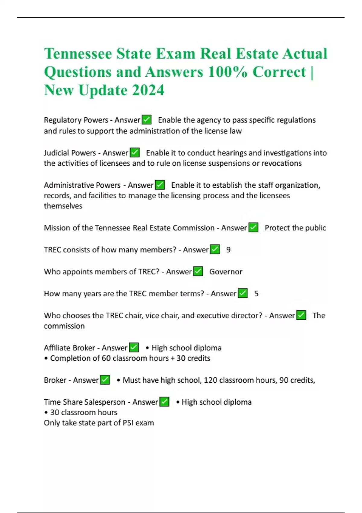 Tennessee State Exam Real Estate Actual Questions and Answers 100