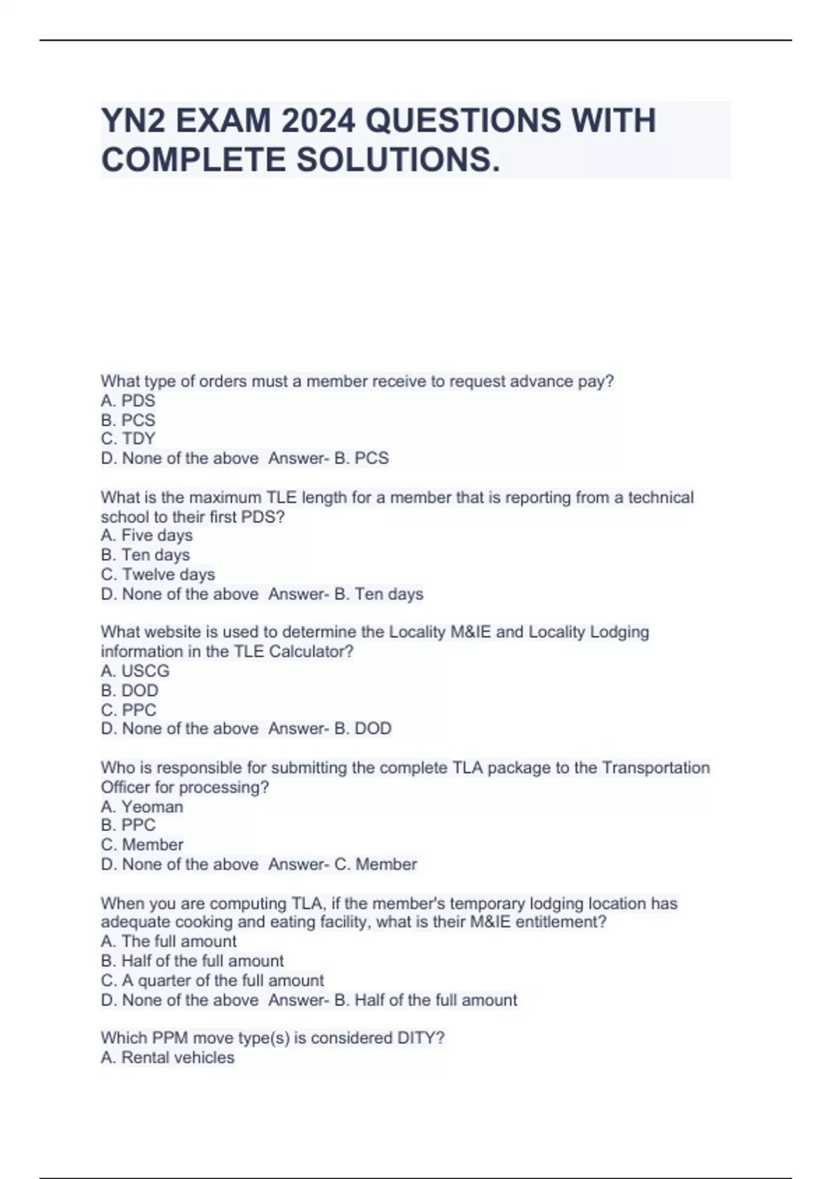 YN2 EXAM 2024 QUESTIONS WITH COMPLETE SOLUTIONS. - YN2 - Stuvia US