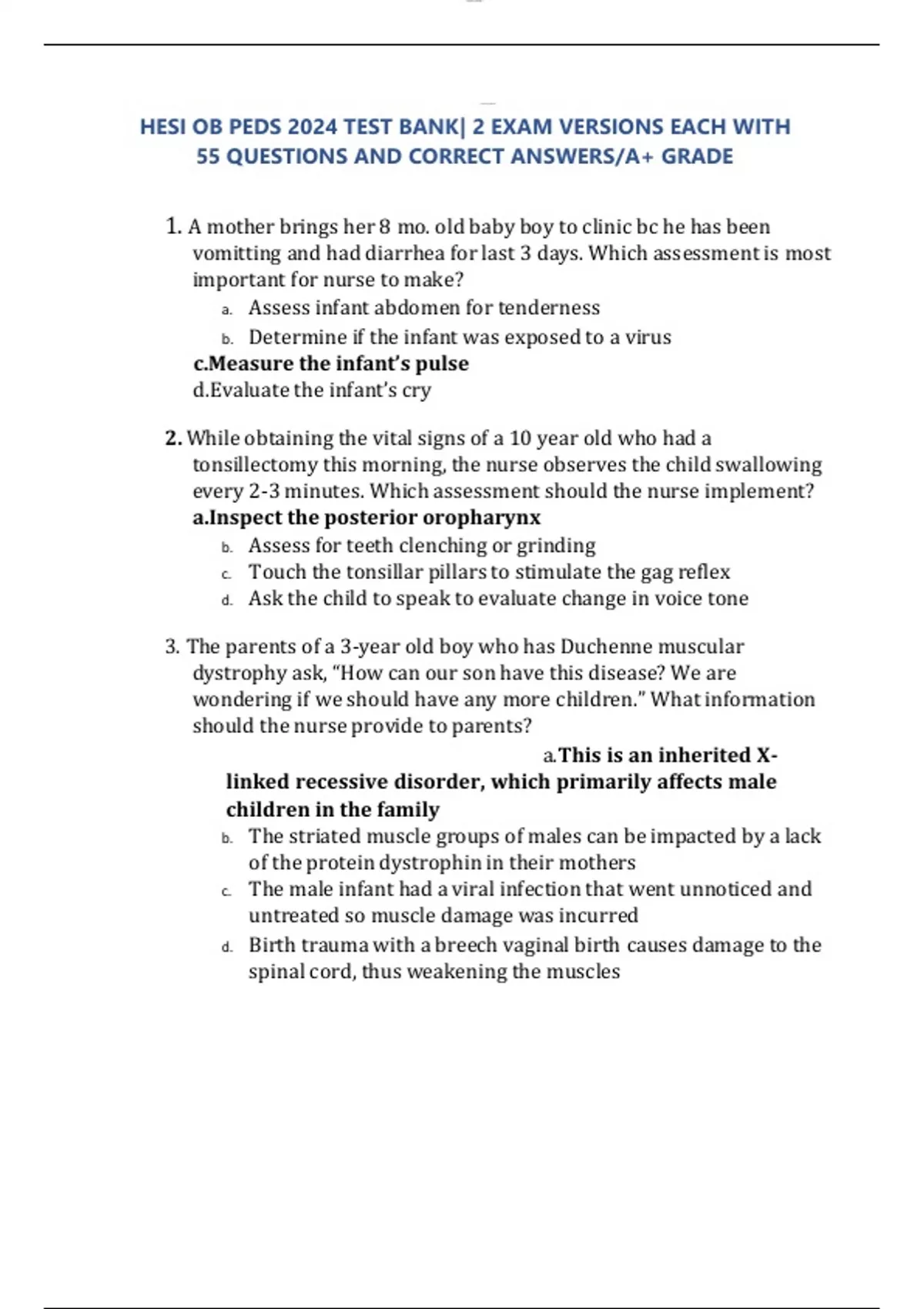 HESI OB PEDS 2024 TEST BANK| 2 EXAM VERSIONS EACH WITH 55 QUESTIONS AND ...