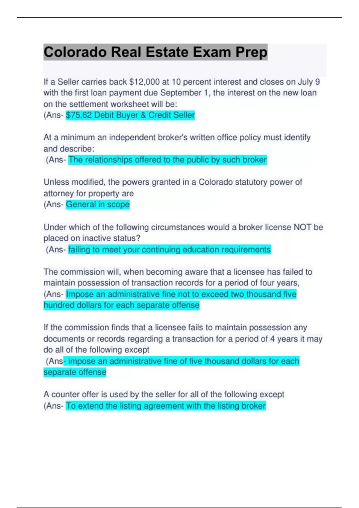 Colorado Real Estate Exam Preparation Questions & Answers Updated A+