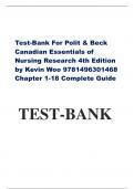 Test-Bank For Polit & Beck Canadian Essentials of Nursing Research 4th Edition by Kevin Woo 9781496301468 Chapter 1-18 Complete Guide TEST-BANK