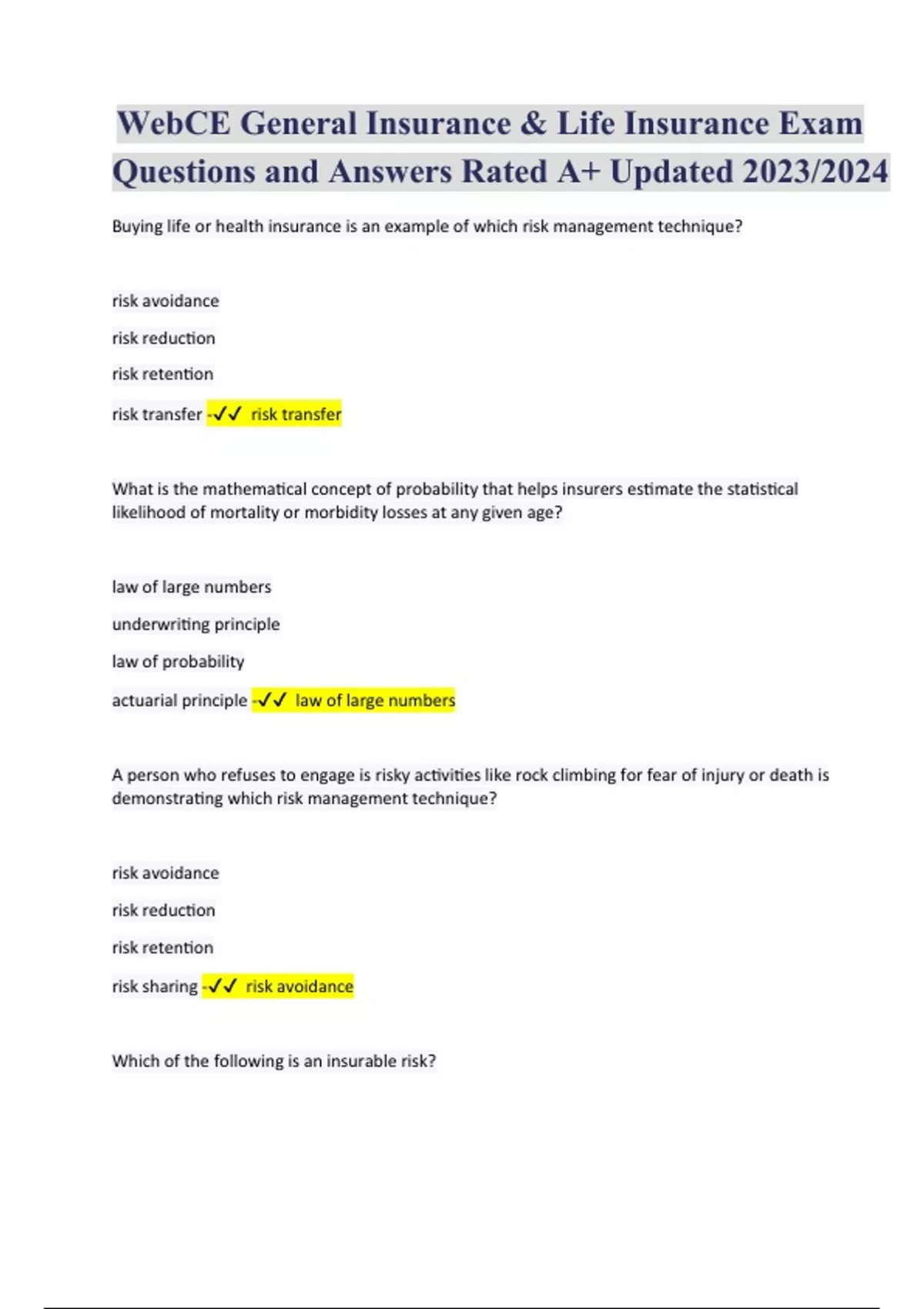 CE General Insurance & Life Insurance Exam Questions With Answers