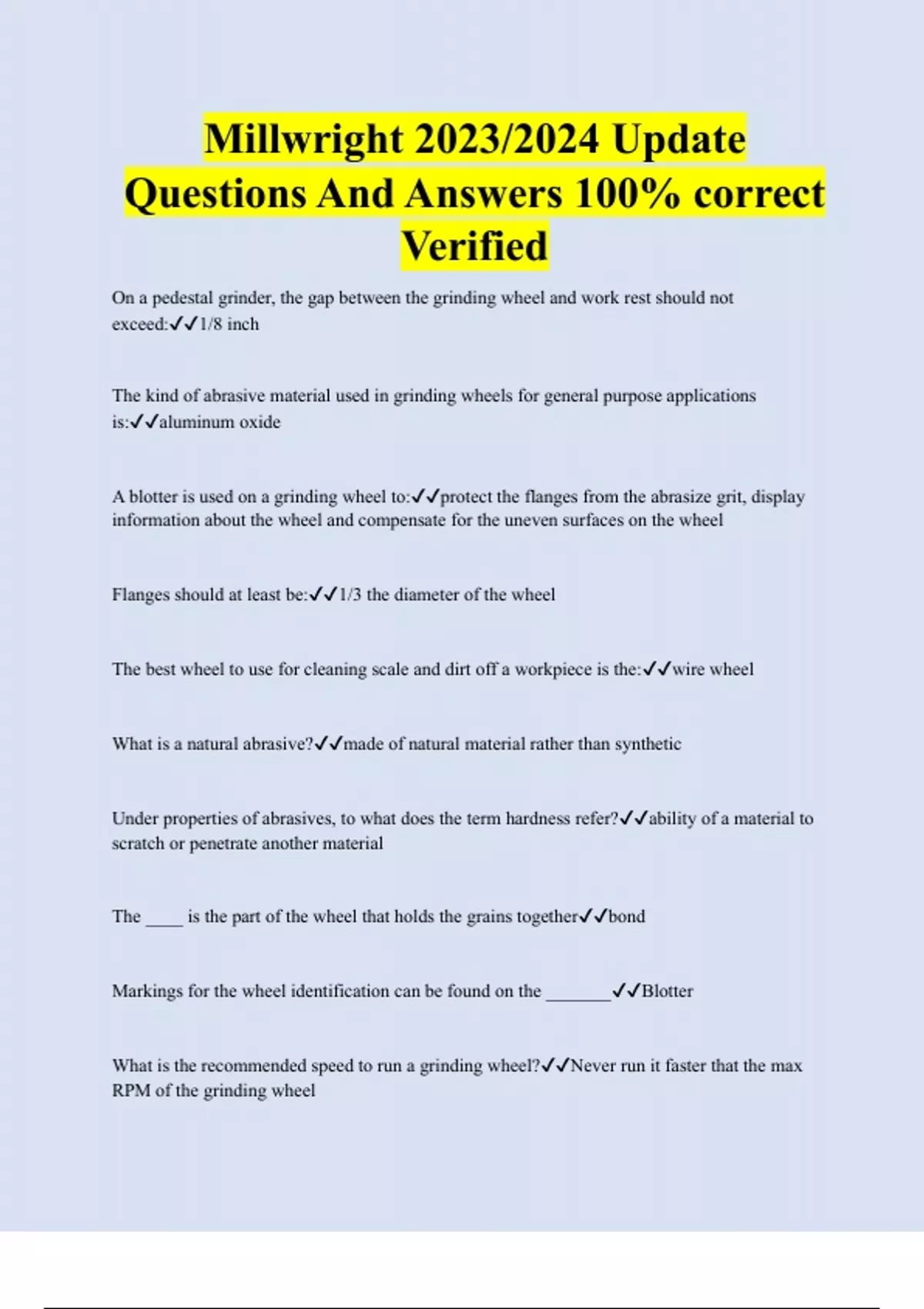 Millwright 2023/2024 Update Questions And Answers 100 correct Verified Millwright Stuvia US