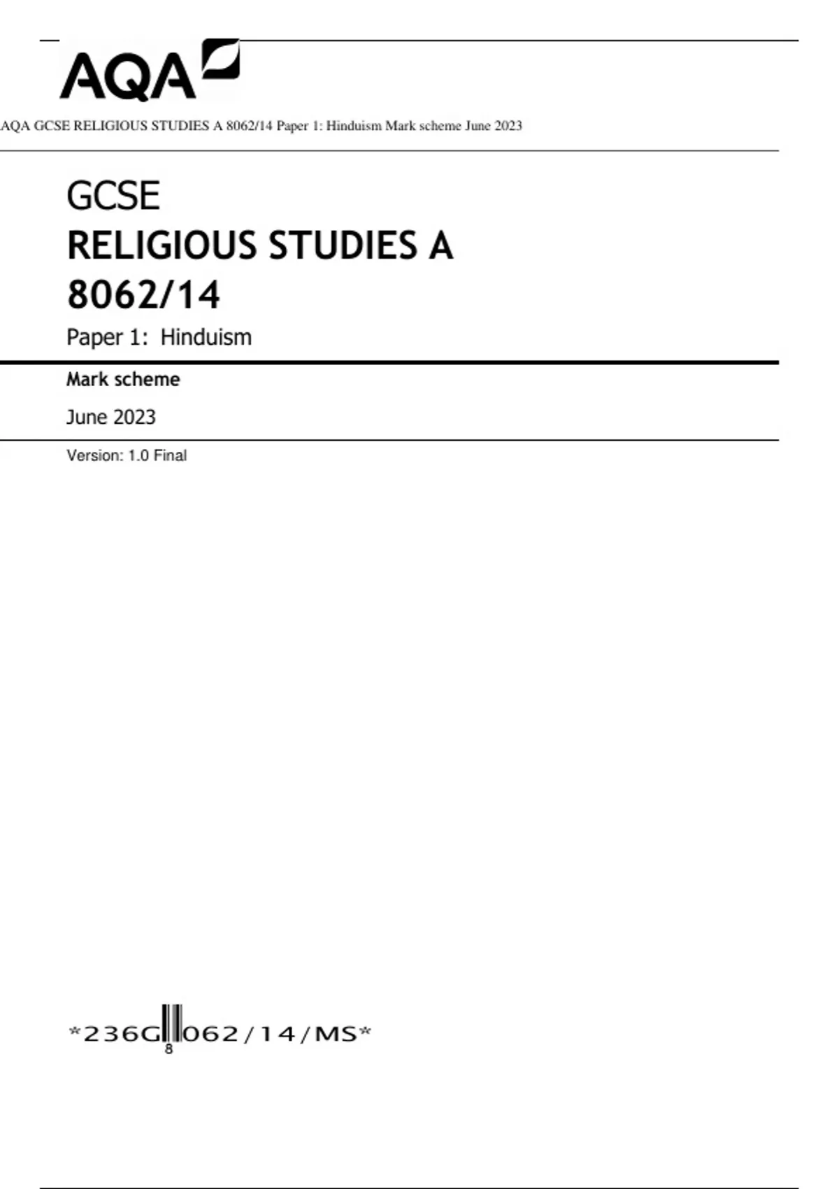 AQA GCSE RELIGIOUS STUDIES A 8062/14 Paper 1: Hinduism Mark scheme June ...