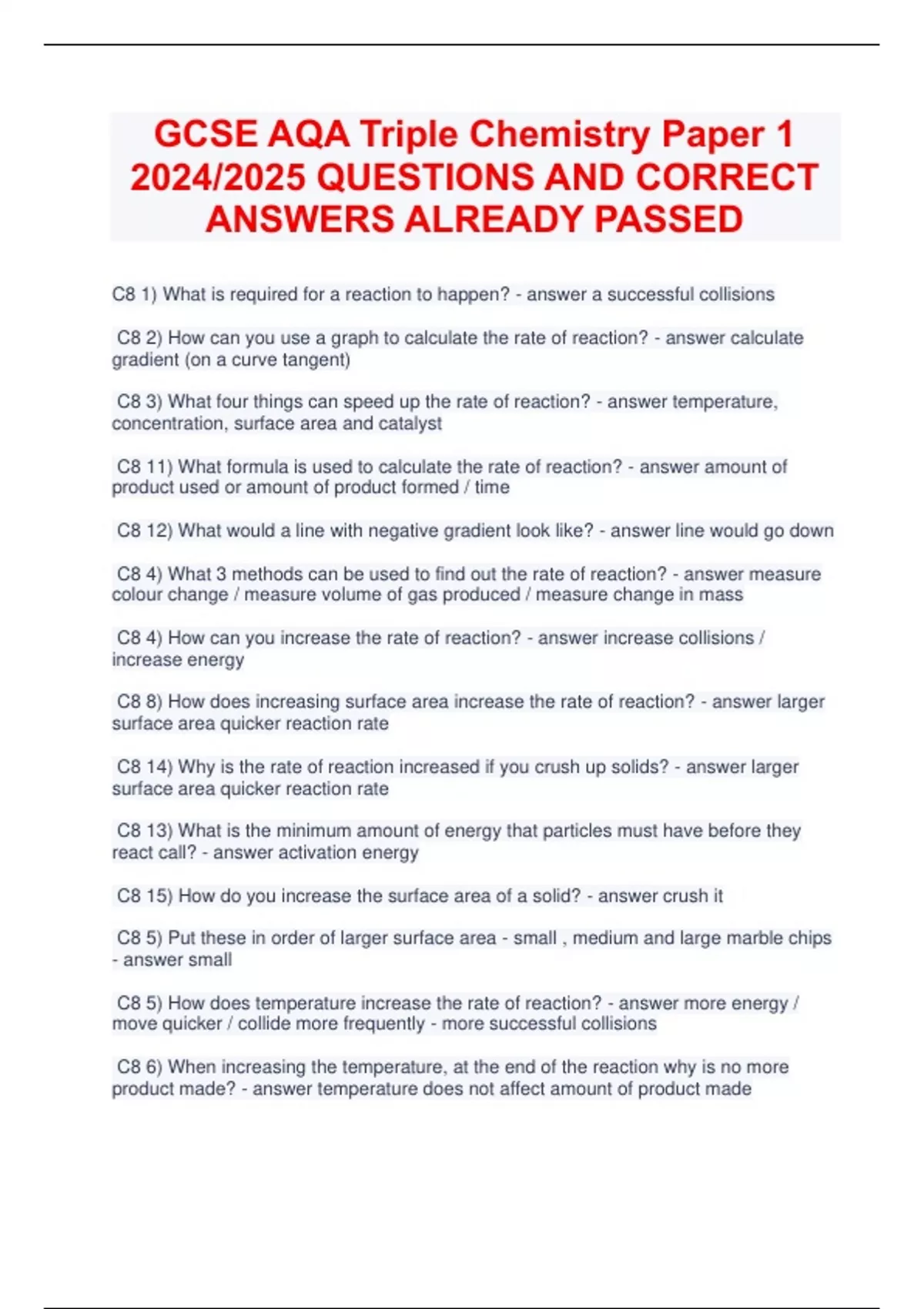 GCSE AQA Triple Chemistry Paper 1 2024/2025 QUESTIONS AND CORRECT ...