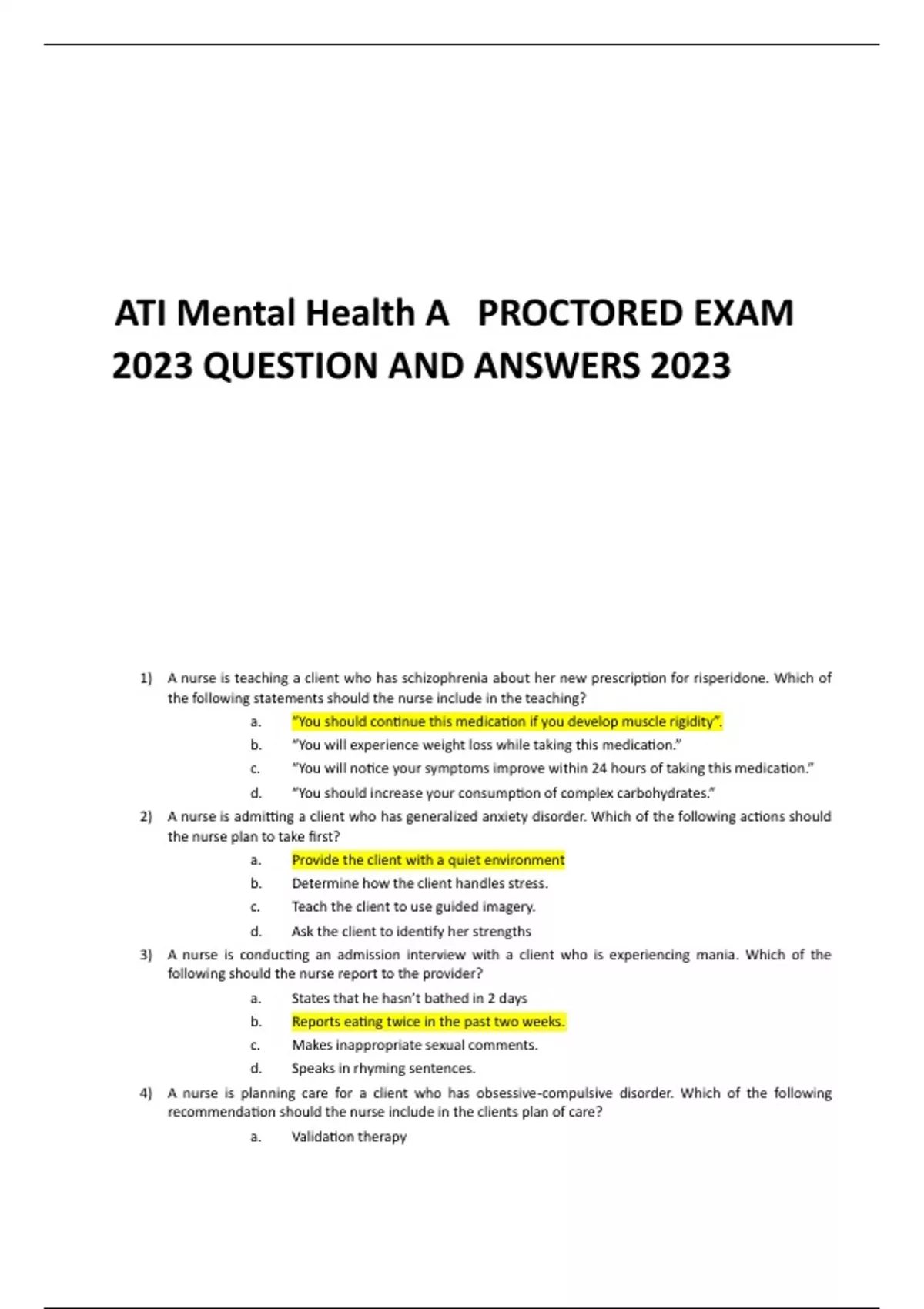 ATI Mental Health A PROCTORED EXAM 2023 QUESTION AND ANSWERS 2023 ATI
