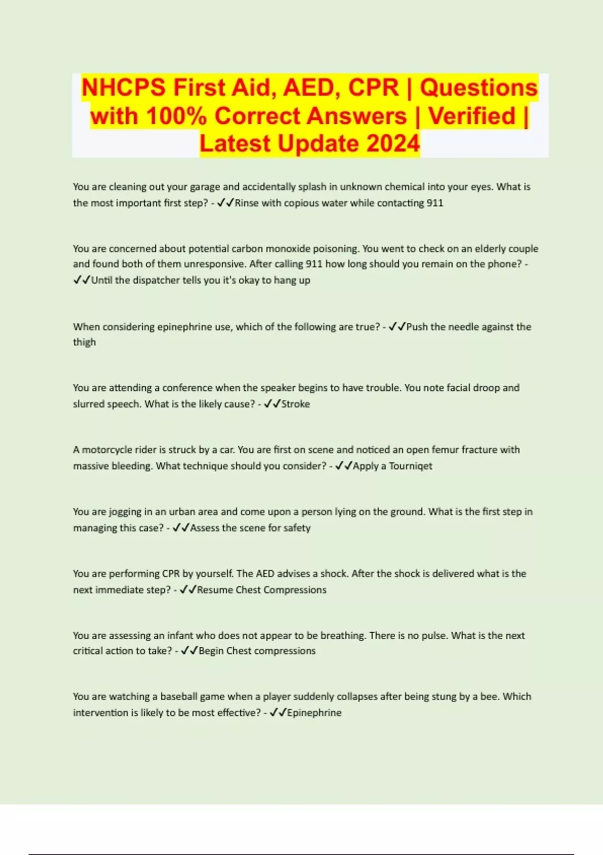 NHCPS First Aid, AED, CPR | Questions with 100% Correct Answers ...