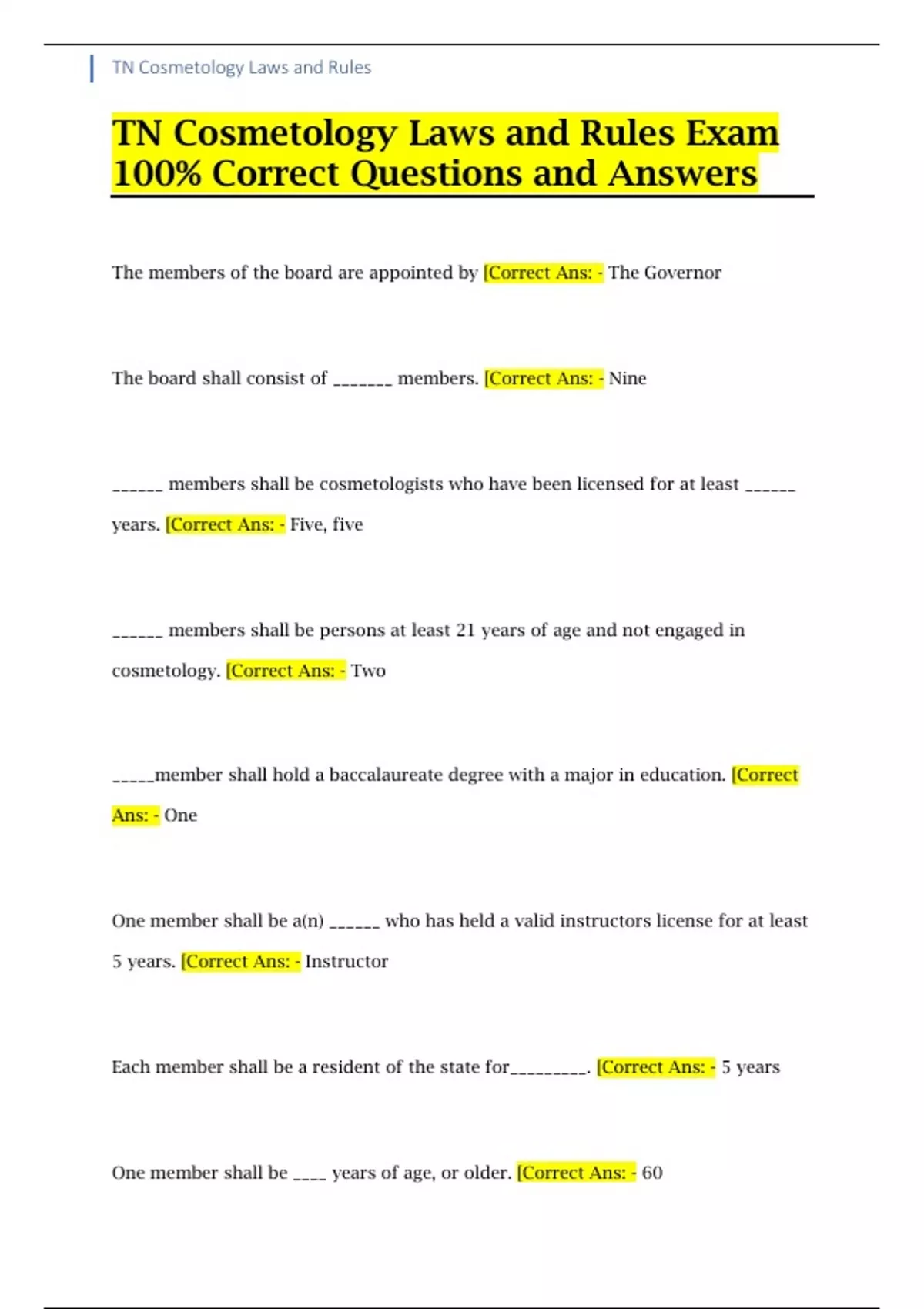 TN Cosmetology Laws and Rules Exam 100 Correct Questions and Answers