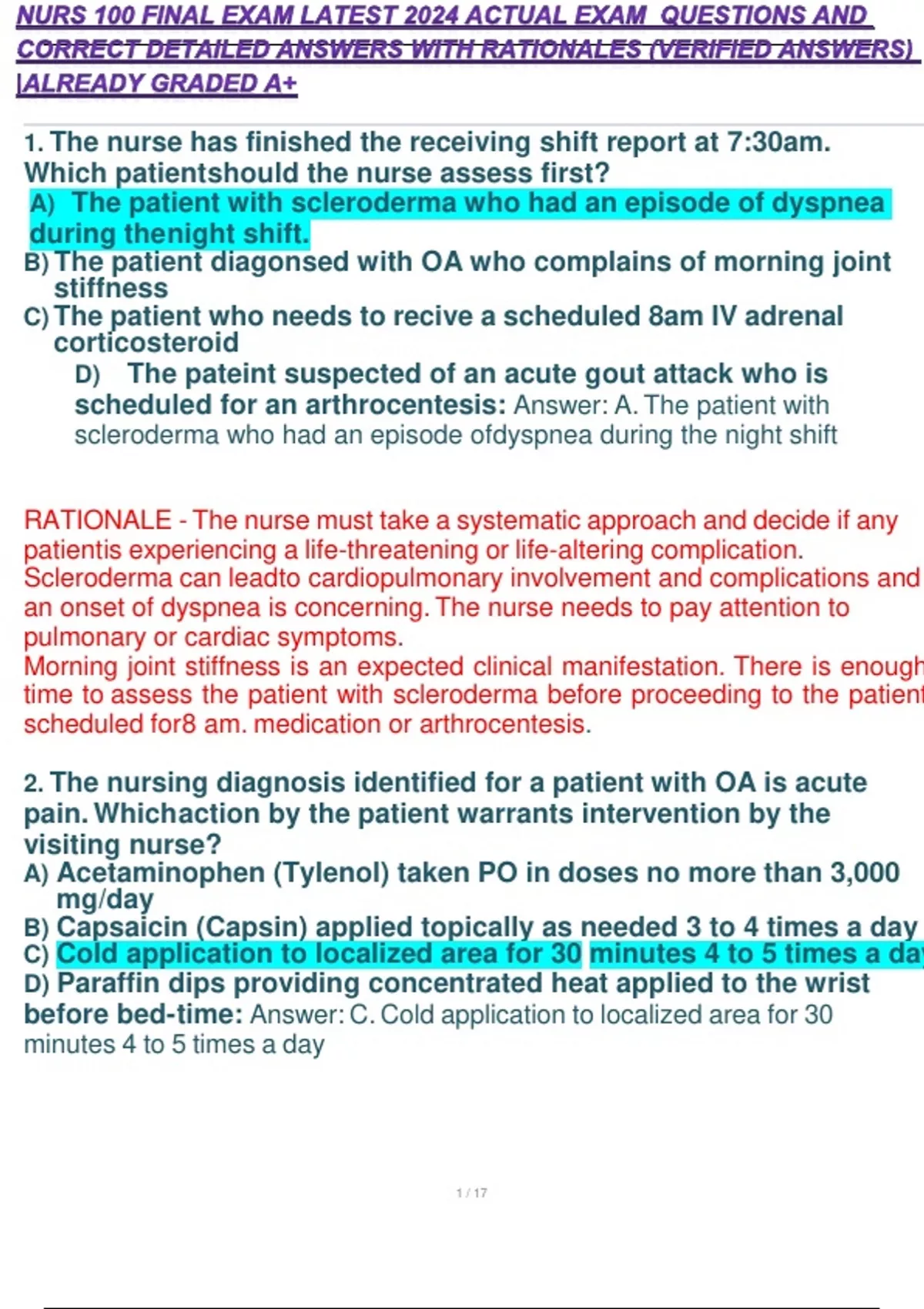 NURS 100 FINAL EXAM LATEST 2024 ACTUAL EXAM QUESTIONS AND CORRECT ...