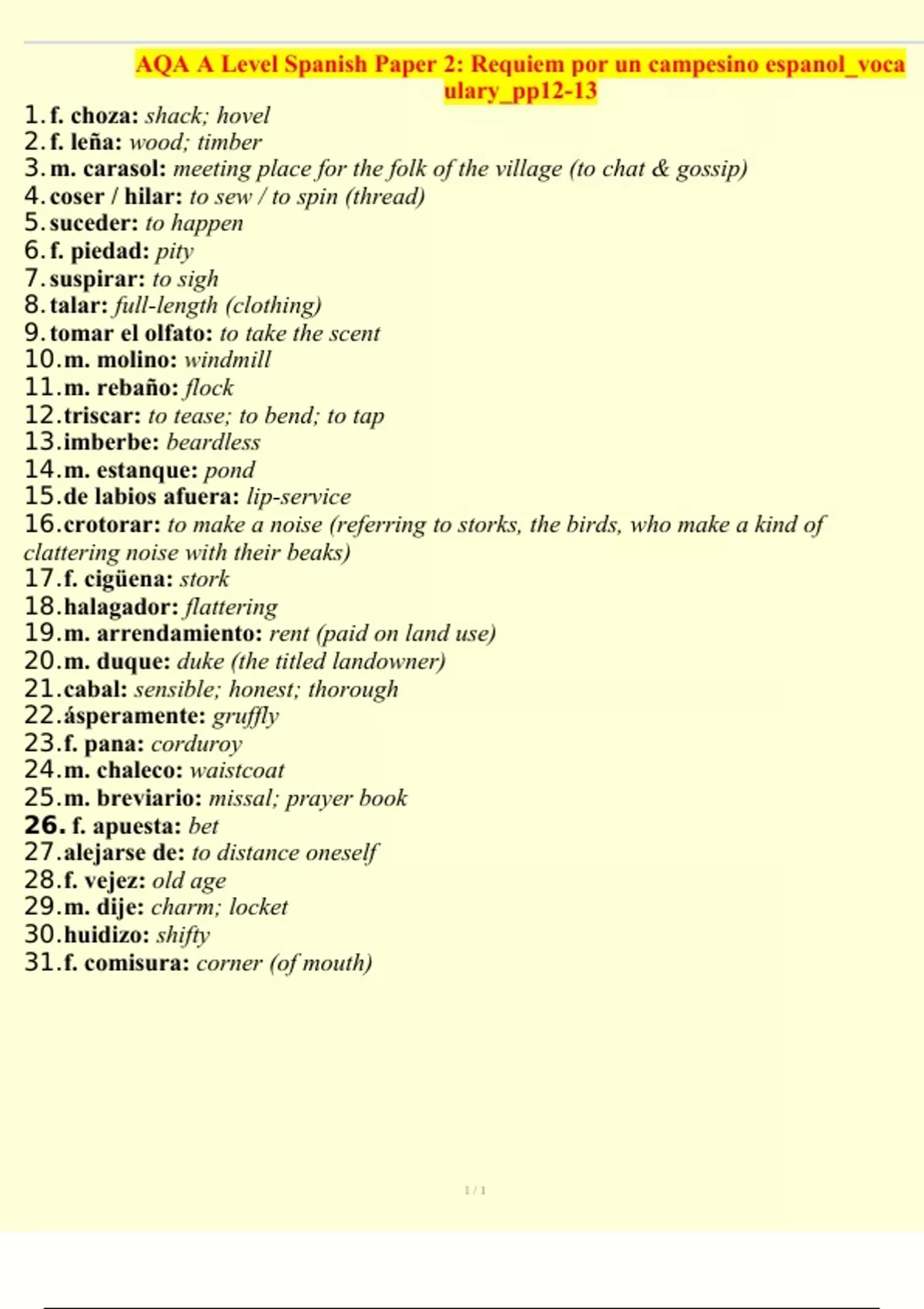 AQA A Level Spanish Paper 2 Requiem por un campesino espanol_vocabulary ...