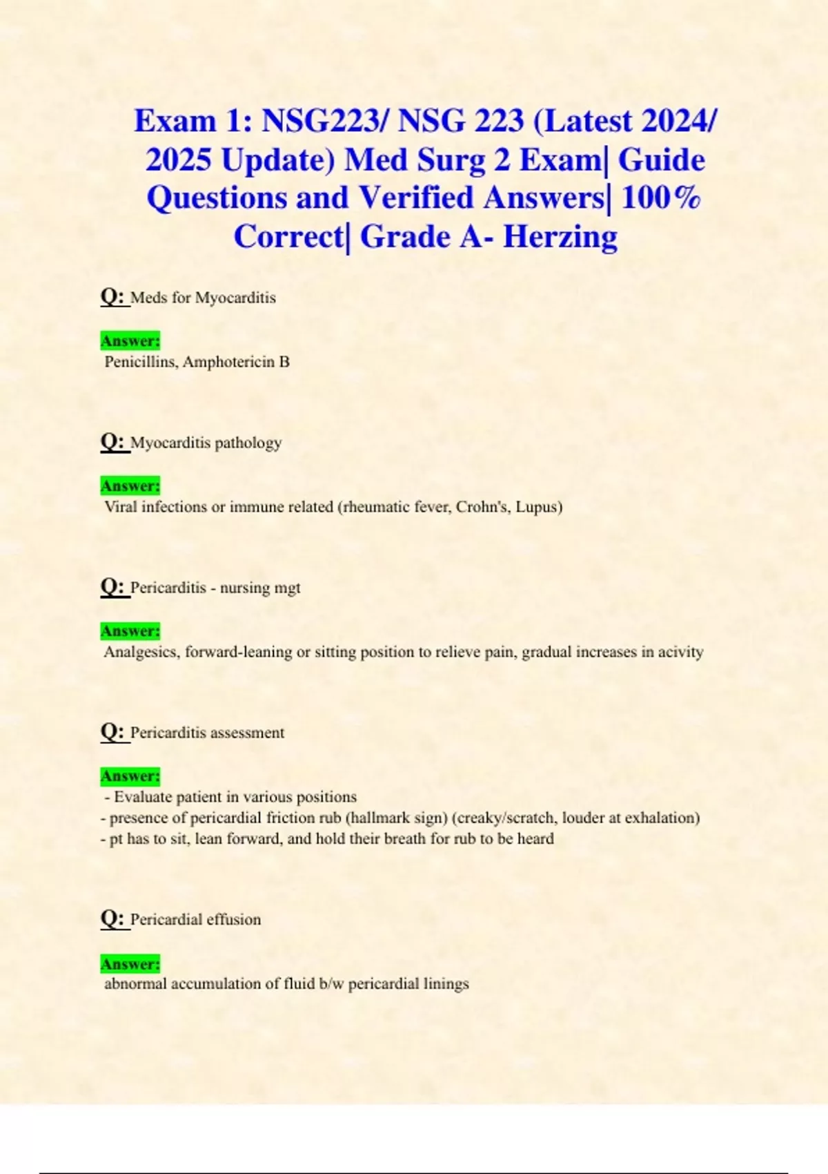 Exam 1: NSG223/ NSG 223 (Latest 2024/ 2025 Update) Med Surg 2 Exam ...