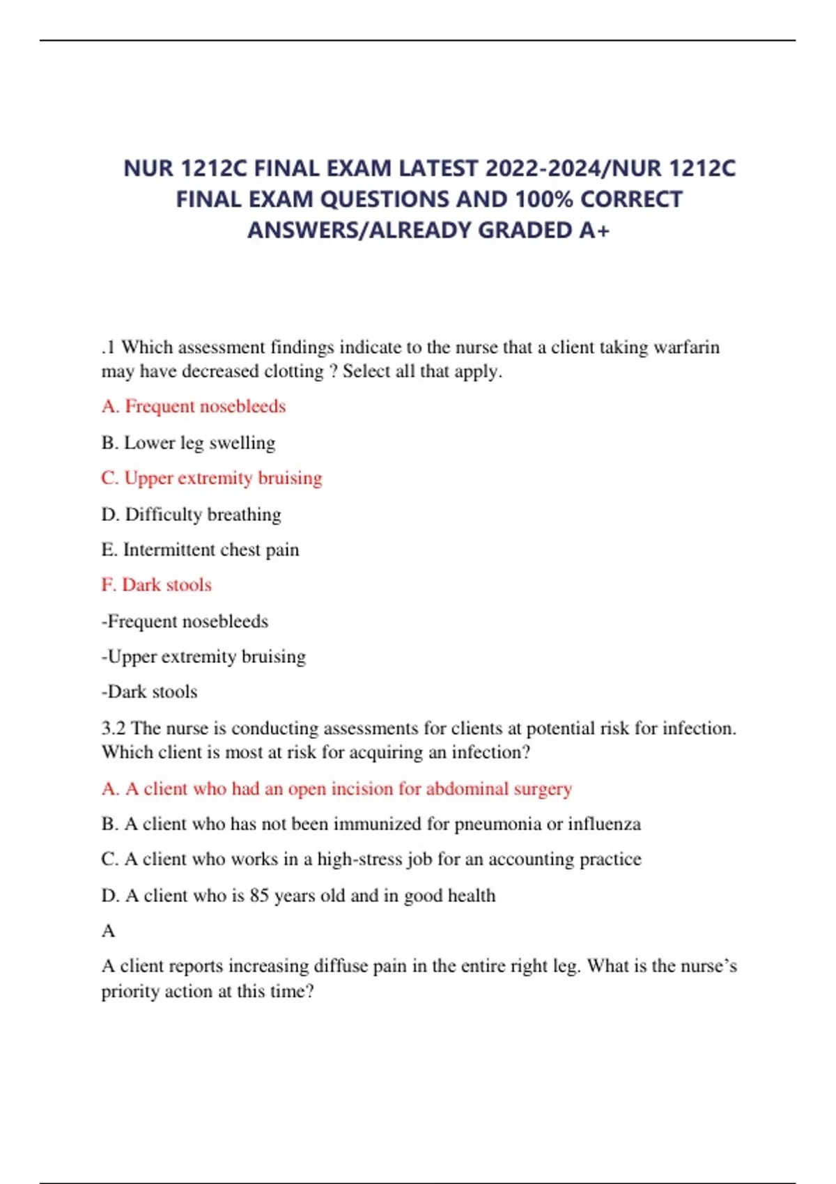 NUR 256 MENTAL HEALTH FINAL EXAM QUESTIONS AND ANSWERS 2022/2023 GALEN ...