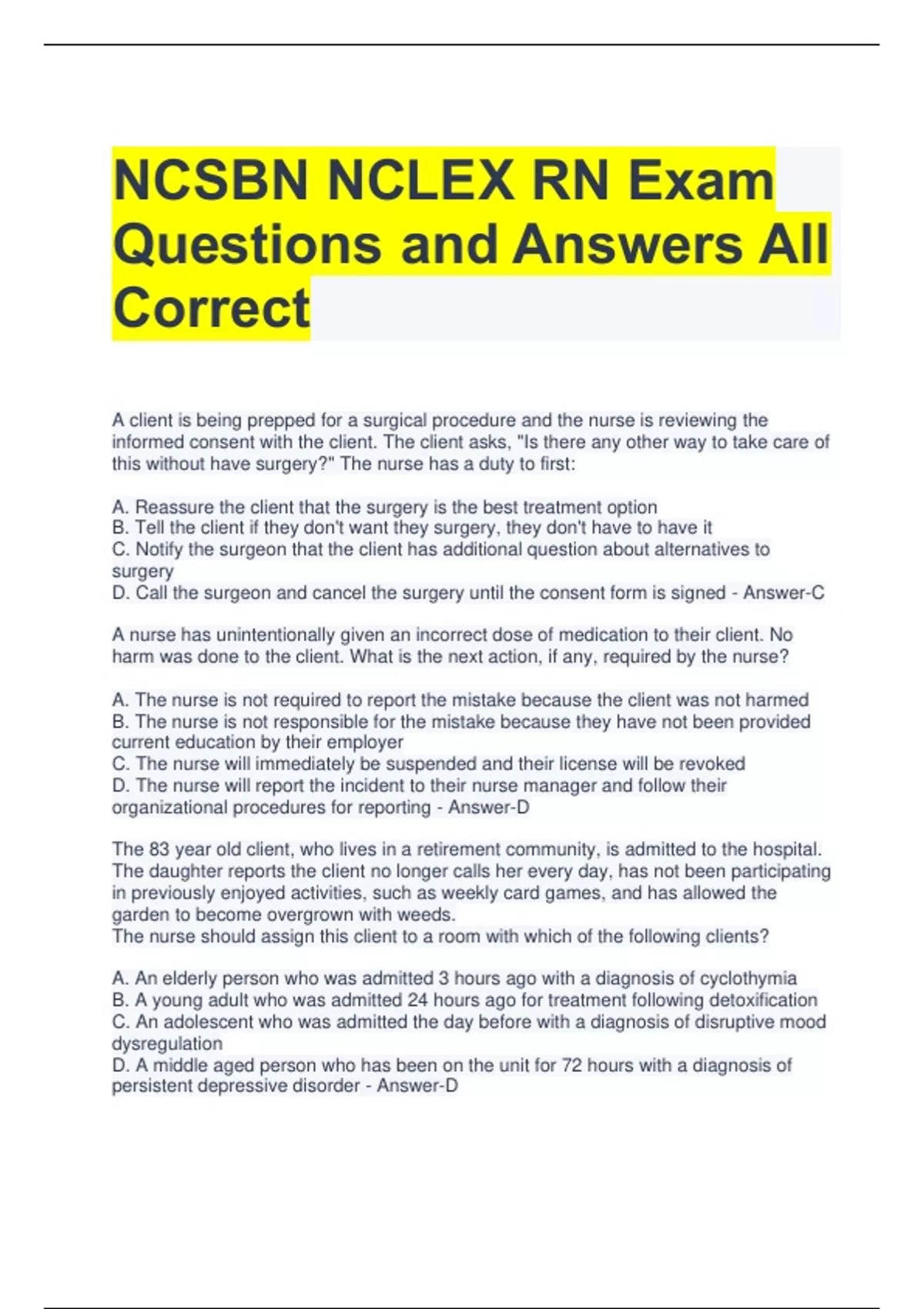 NCSBN NCLEX RN Exam Questions and Answers All Correct - NCSBN NCLEX RN ...