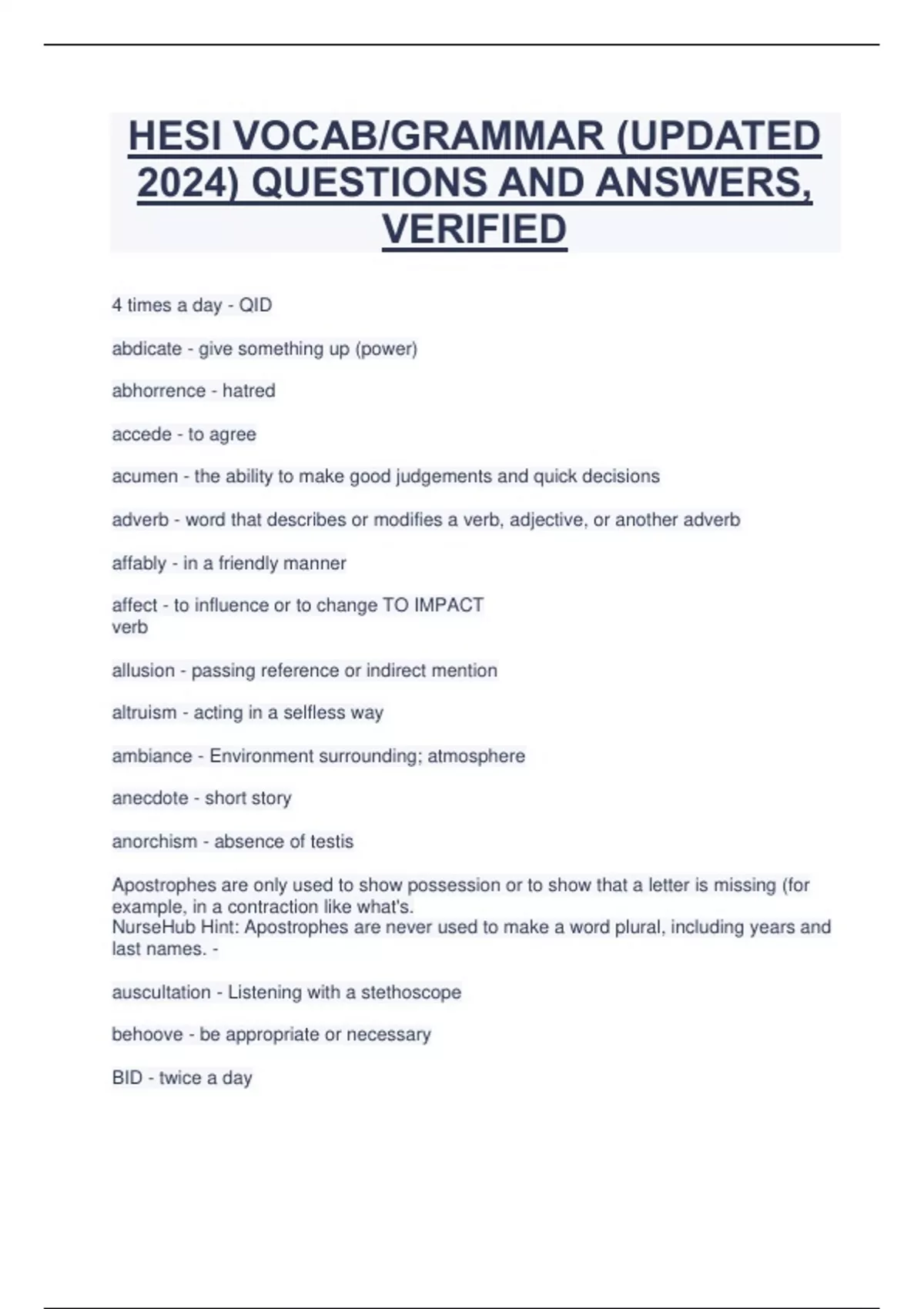 HESI VOCAB/GRAMMAR (UPDATED 2024) QUESTIONS AND ANSWERS, VERIFIED ...