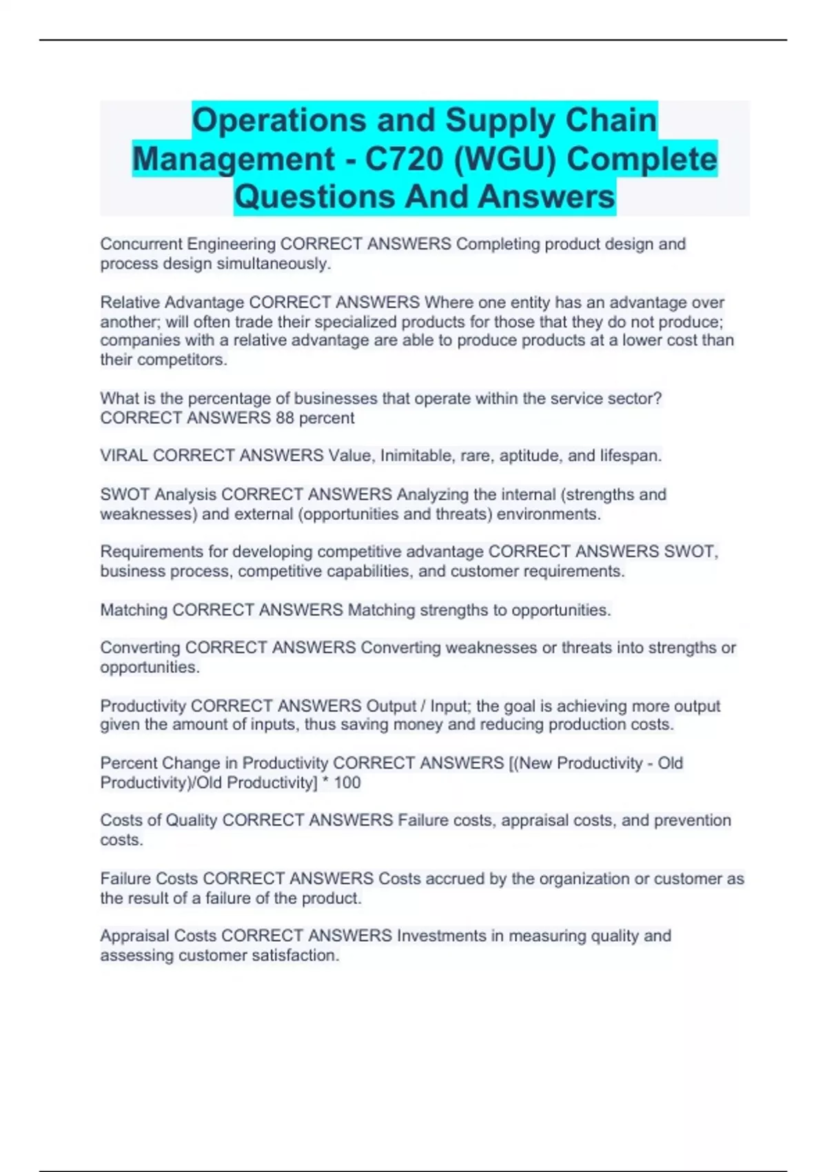 Operations and Supply Chain Management - C720 (WGU) Complete Questions ...