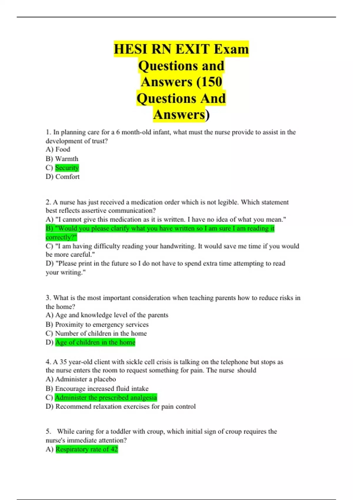 HESI RN EXIT Exam Questions and Answers (150 Questions And Answers ...