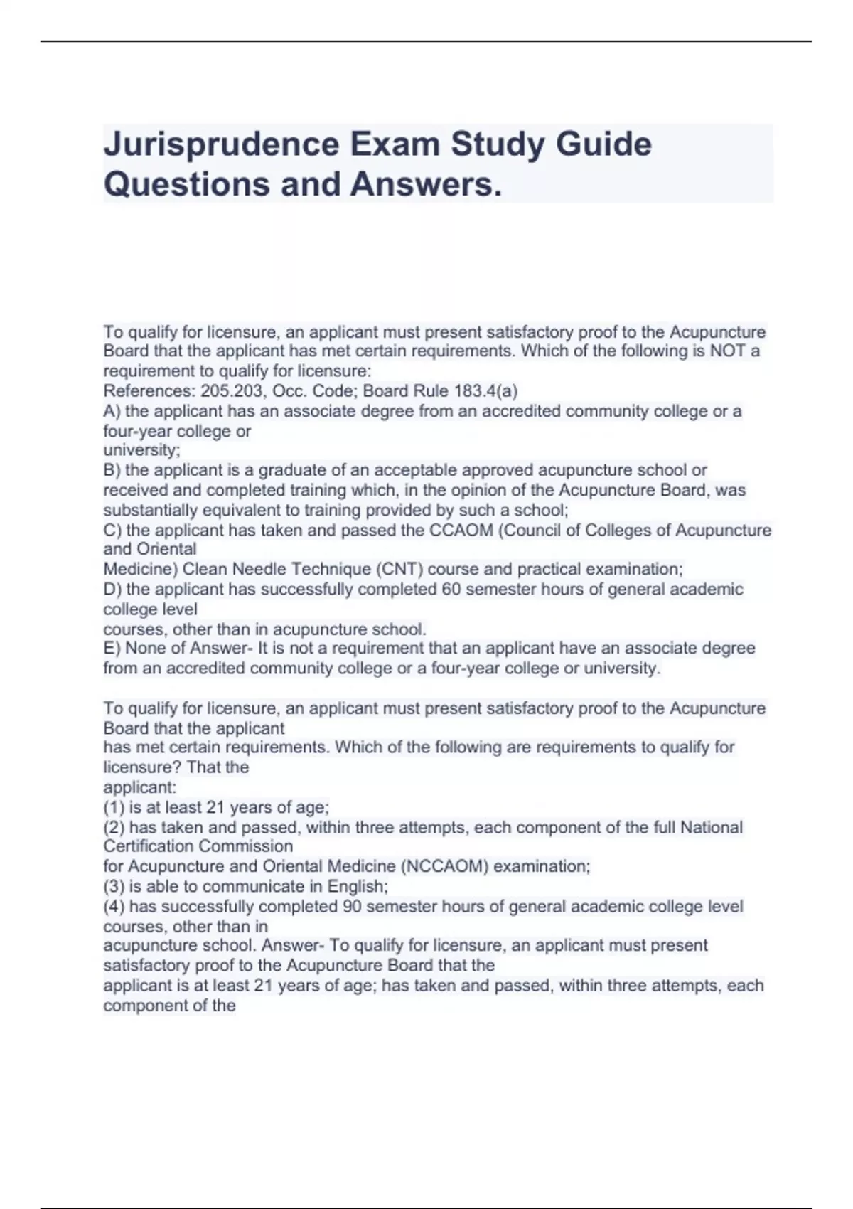 Jurisprudence Exam Study Guide Questions and Answers Colorado mental