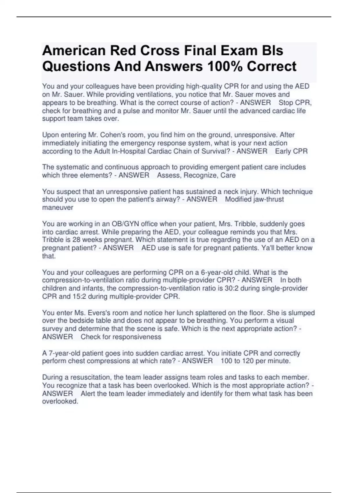 American Red Cross Final Exam Bls Questions And Answers 100 Correct