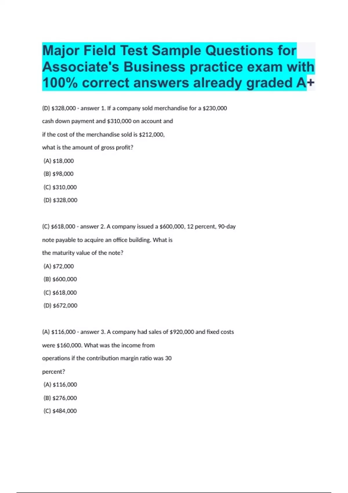 Major Field Test Sample Questions for Associate's Business practice