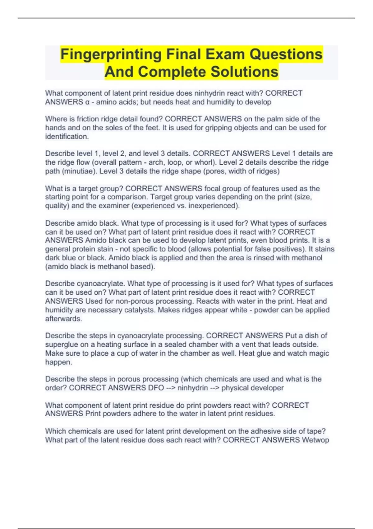 Fingerprinting Final Exam Questions And Complete Solutions