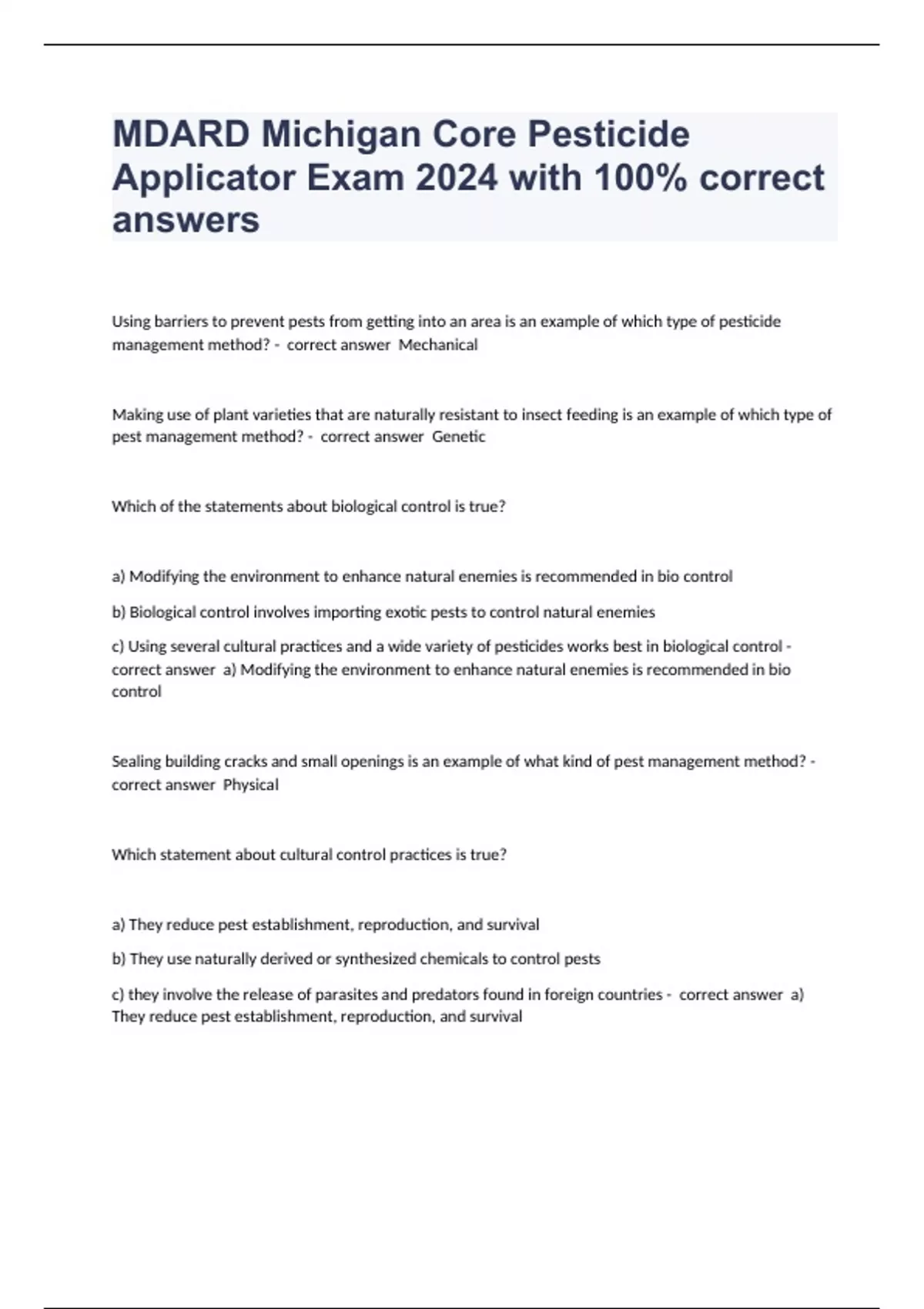 MDARD Michigan Core Pesticide Applicator Exam 2024 with 100 correct