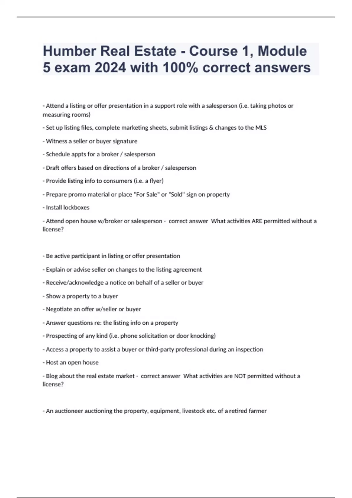 Humber Real Estate Course 1, Module 5 exam 2024 with 100 correct