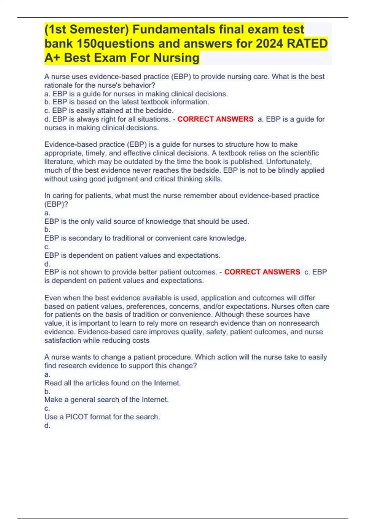 (1st Semester) Fundamentals final exam test bank 150questions and ...