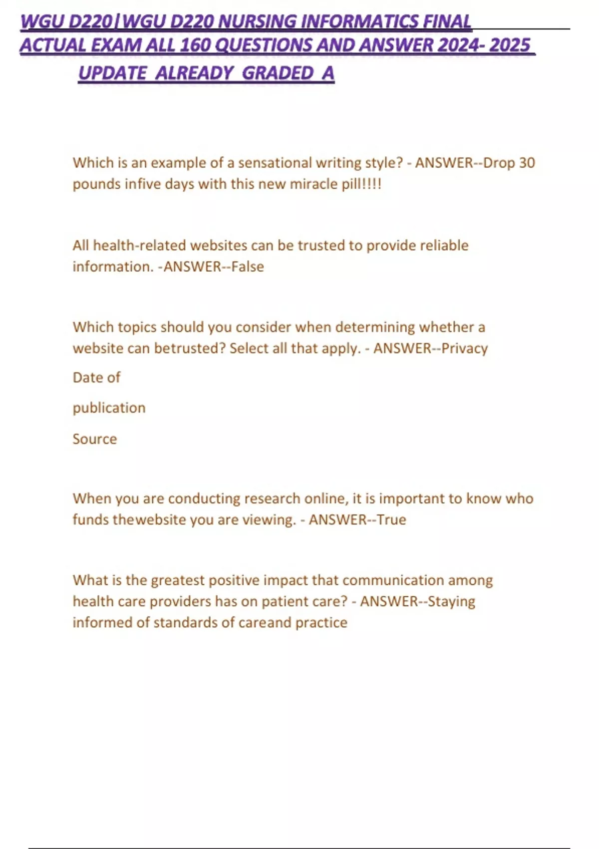 WGU D220|WGU D220 NURSING INFORMATICS FINAL ACTUAL EXAM ALL 160 ...