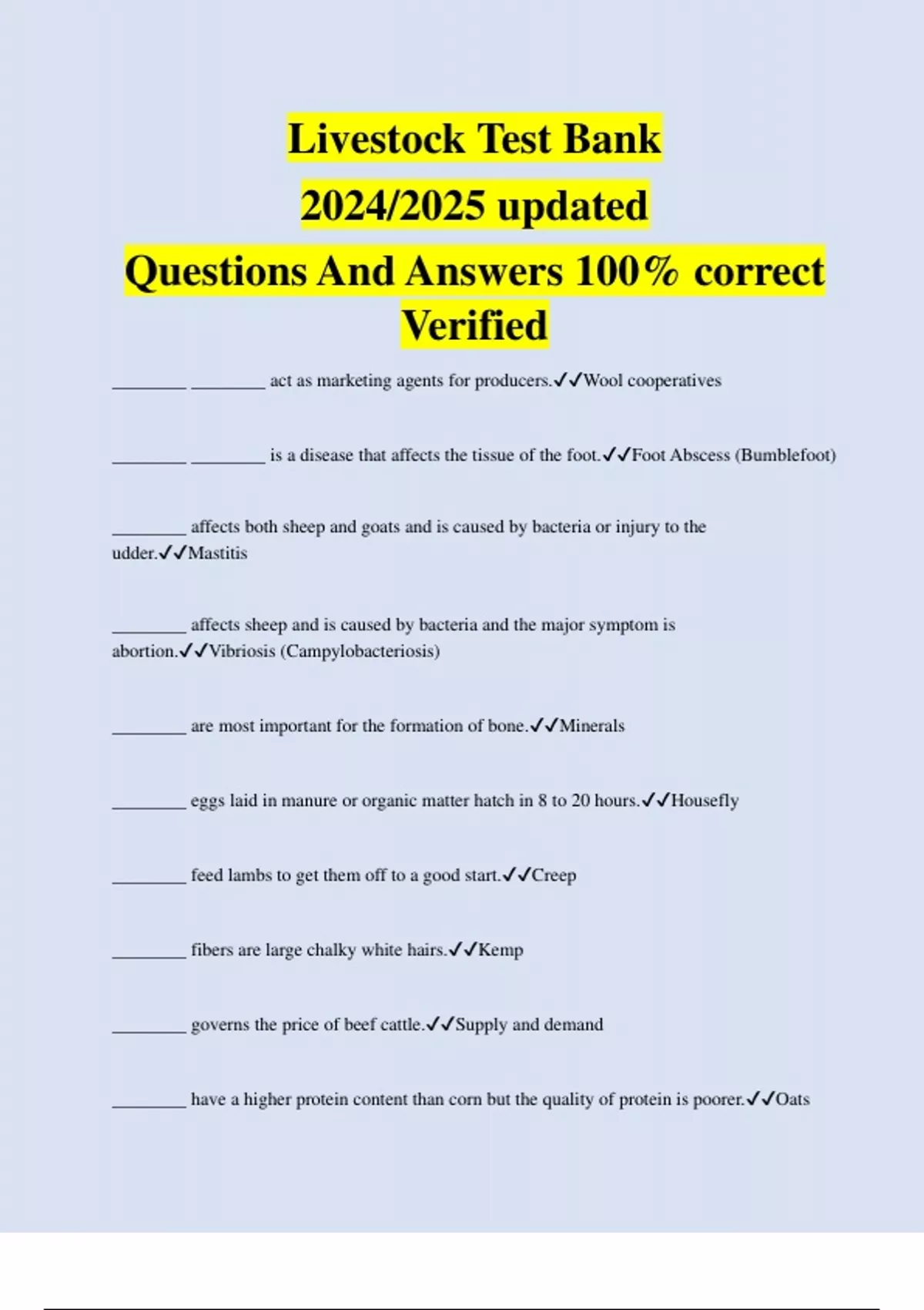 Livestock Test Bank 2024/2025 updated Questions And Answers 100