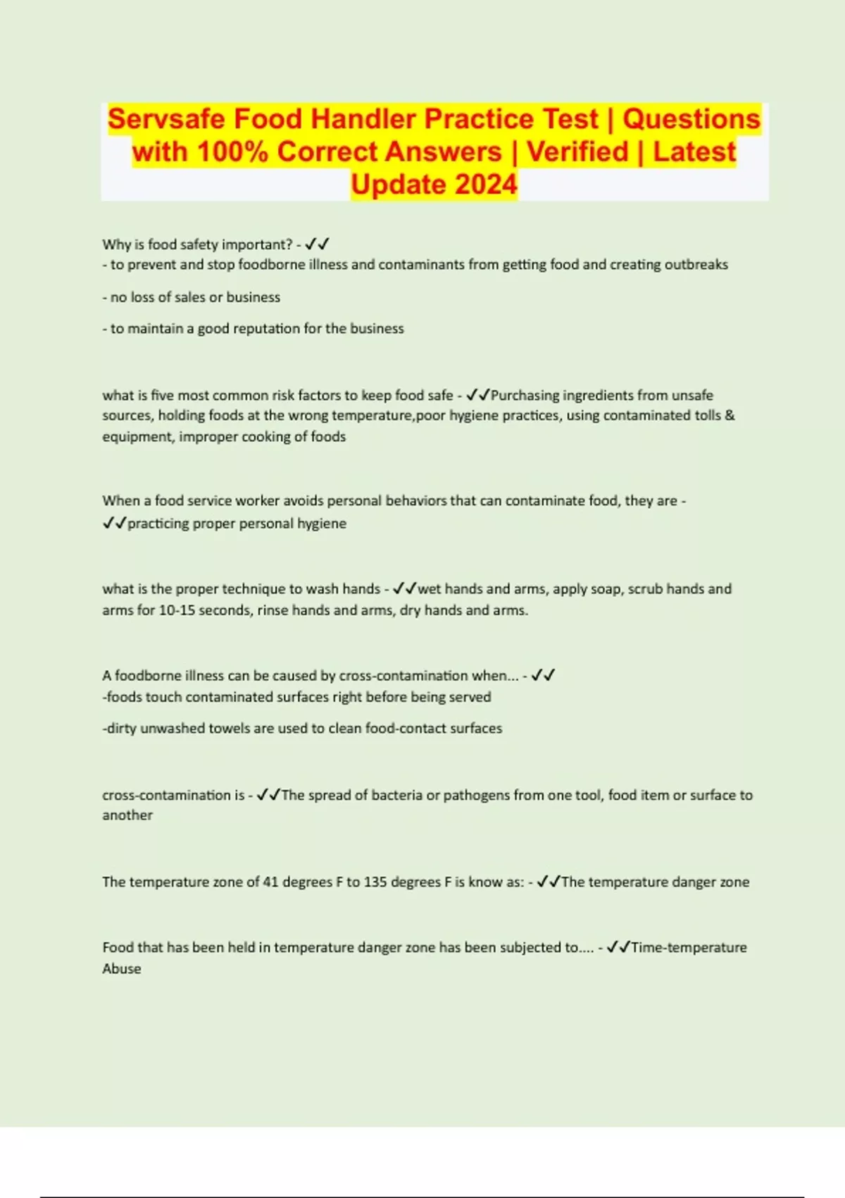 Servsafe Food Handler Practice Test Questions with 100 Correct Answers Verified Latest