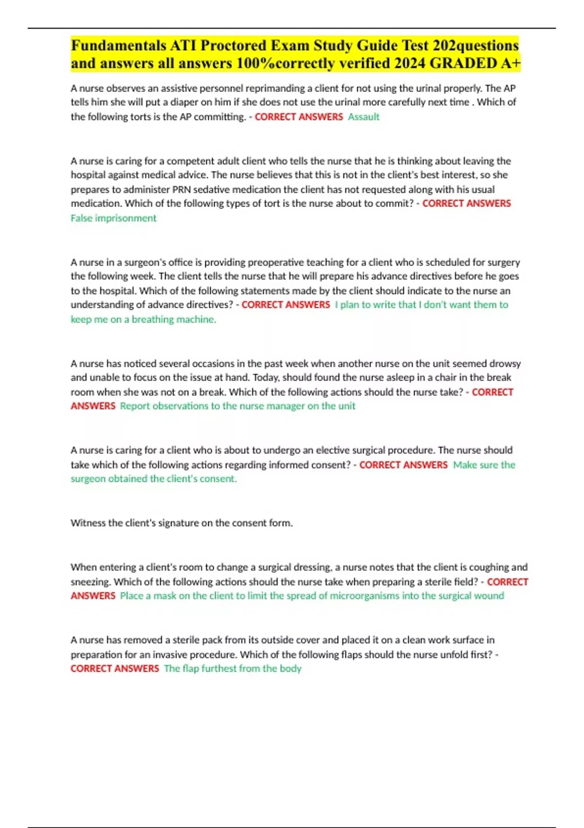 Fundamentals ATI Proctored Exam Study Guide Test 202questions and ...