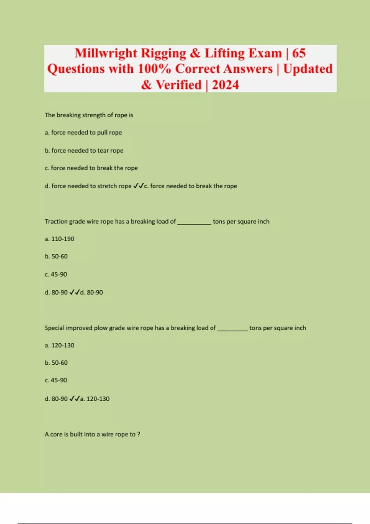 Millwright Rigging & Lifting Exam 65 Questions with 100 Correct