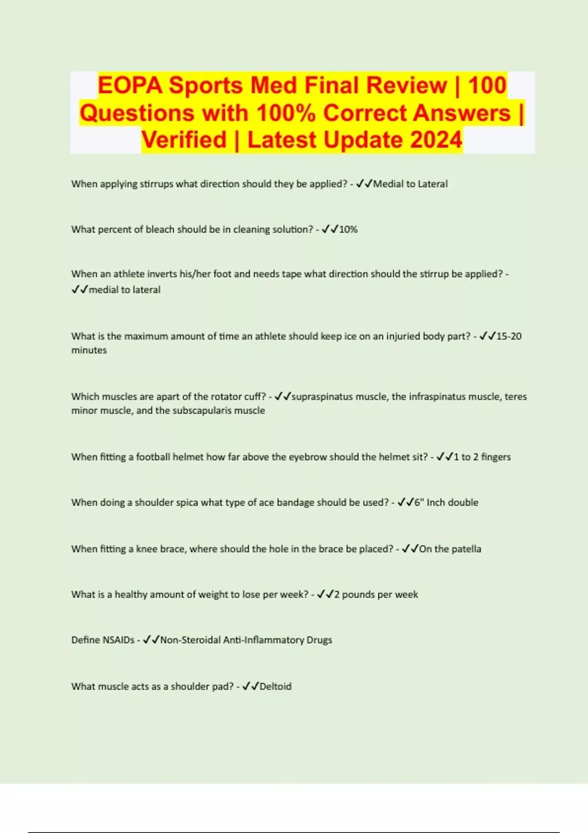 EOPA Sports Med Final Review 100 Questions with 100 Correct Answers