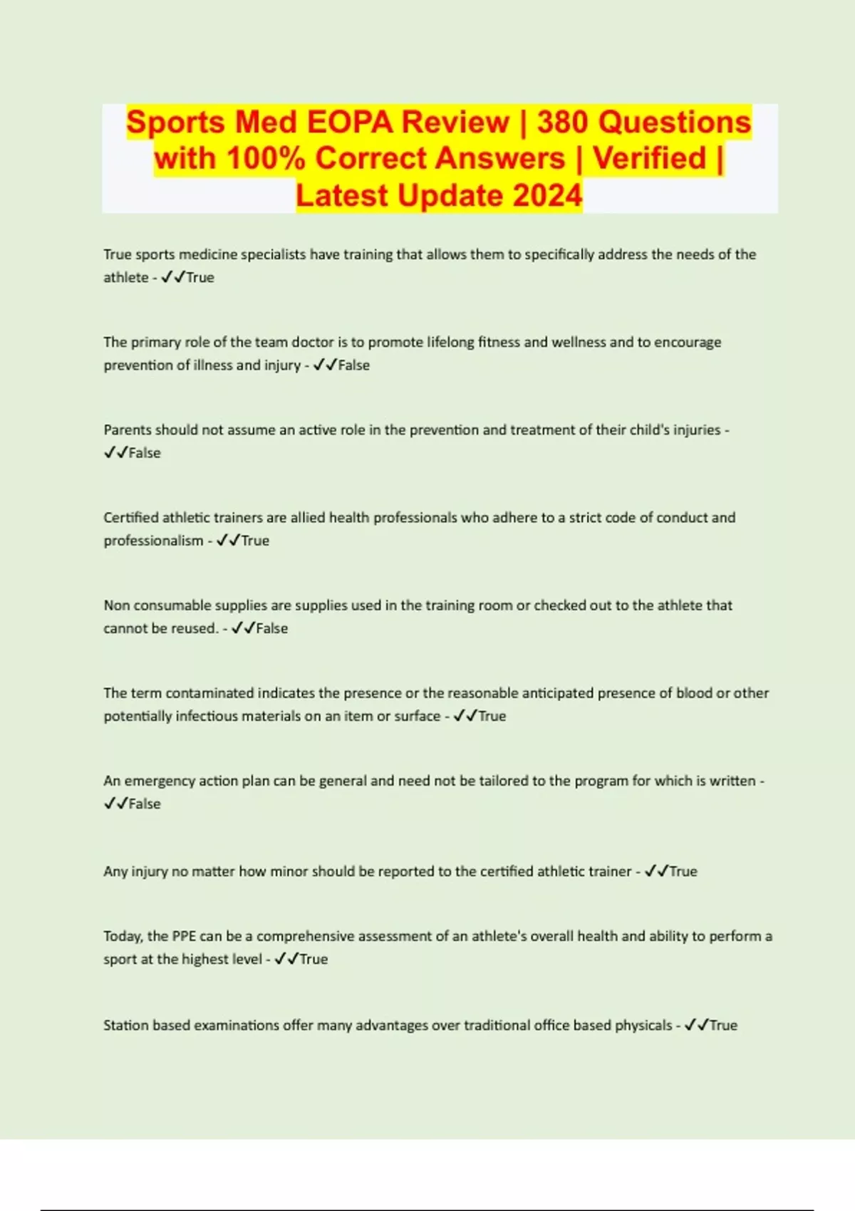 Sports Med EOPA Review 380 Questions with 100 Correct Answers