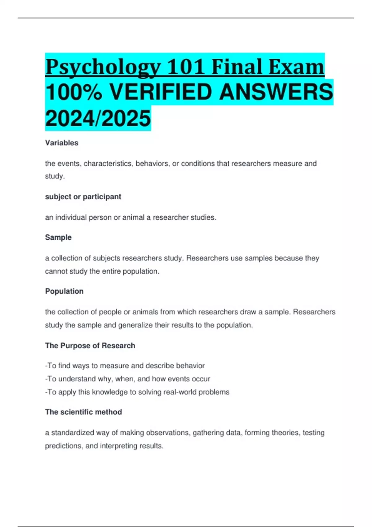 BEST ANSWERS Psychology 101 Final Exam 100% VERIFIED ANSWERS 2024/2025 ...