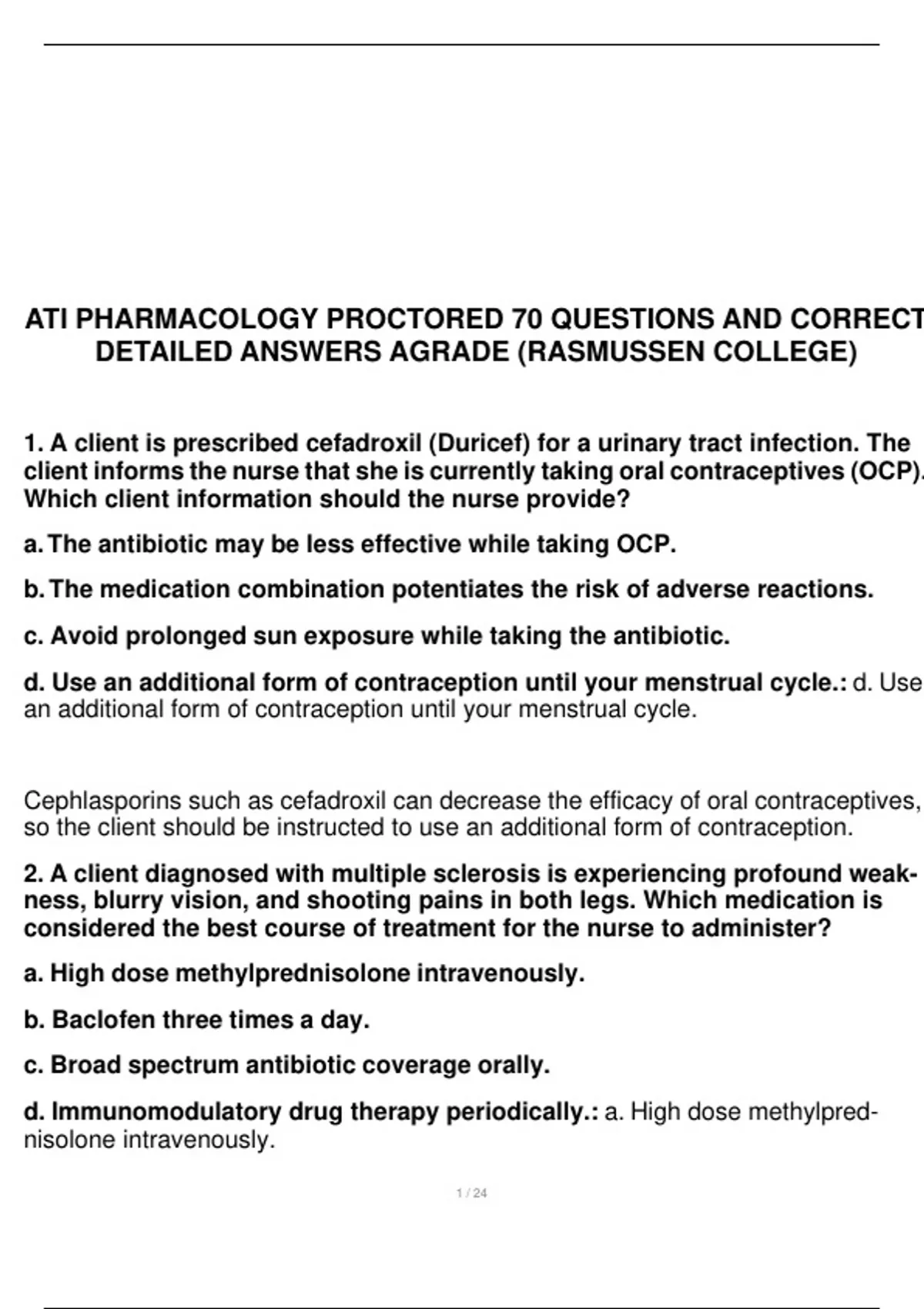 ATI PHARMACOLOGY PROCTORED 70 QUESTIONS AND CORRECT DETAILED ANSWERS ...