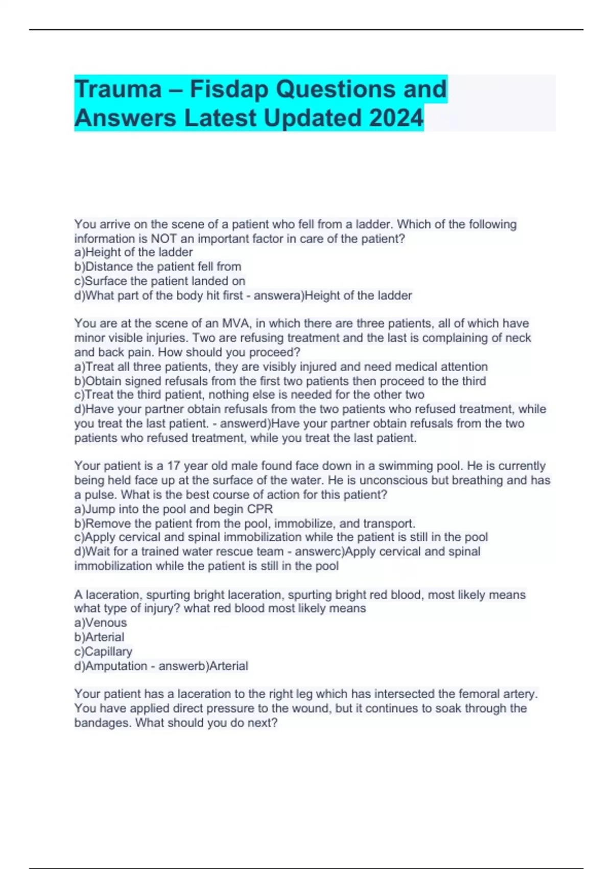 Trauma – Fisdap Questions and Answers Latest Updated 2024 - Paramedic ...