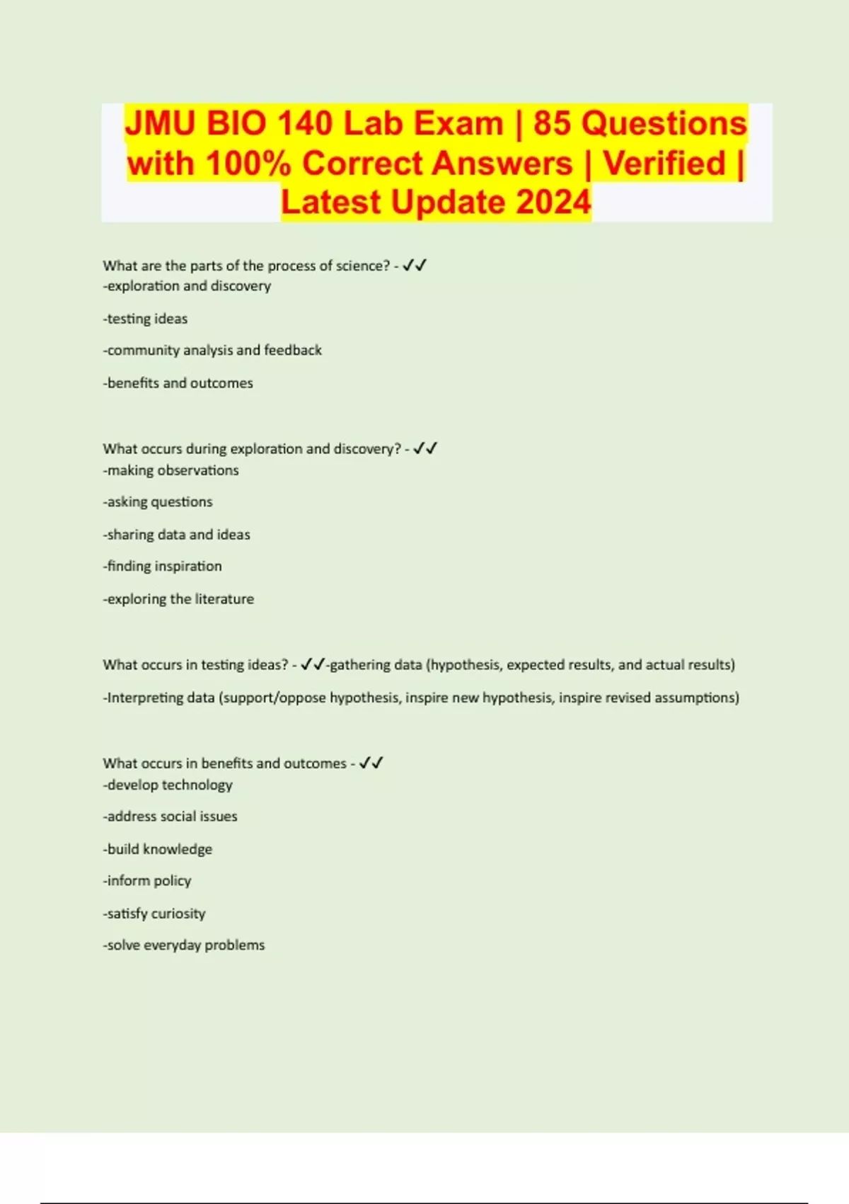 JMU BIO 140 Lab Exam 85 Questions with 100 Correct Answers