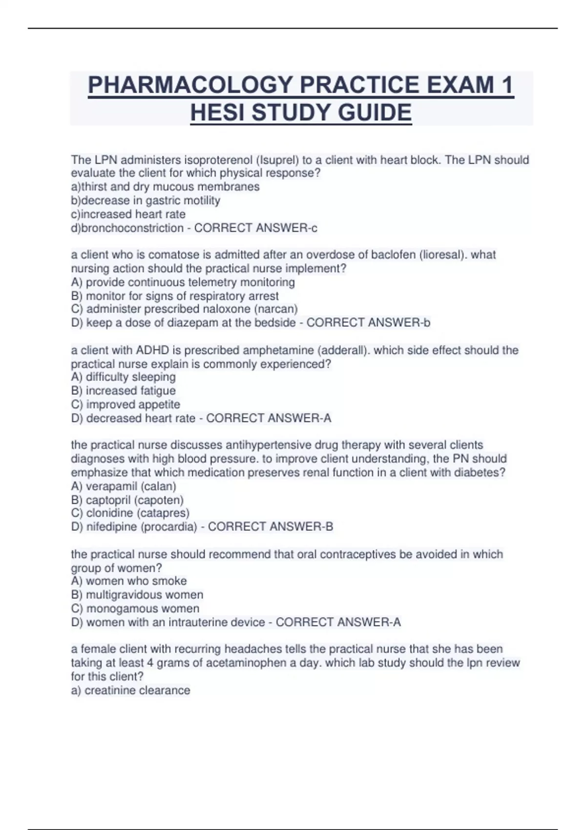PHARMACOLOGY PRACTICE EXAM 1 HESI STUDY GUIDE - PHARMACOLOGY HESI - Stuvia UK