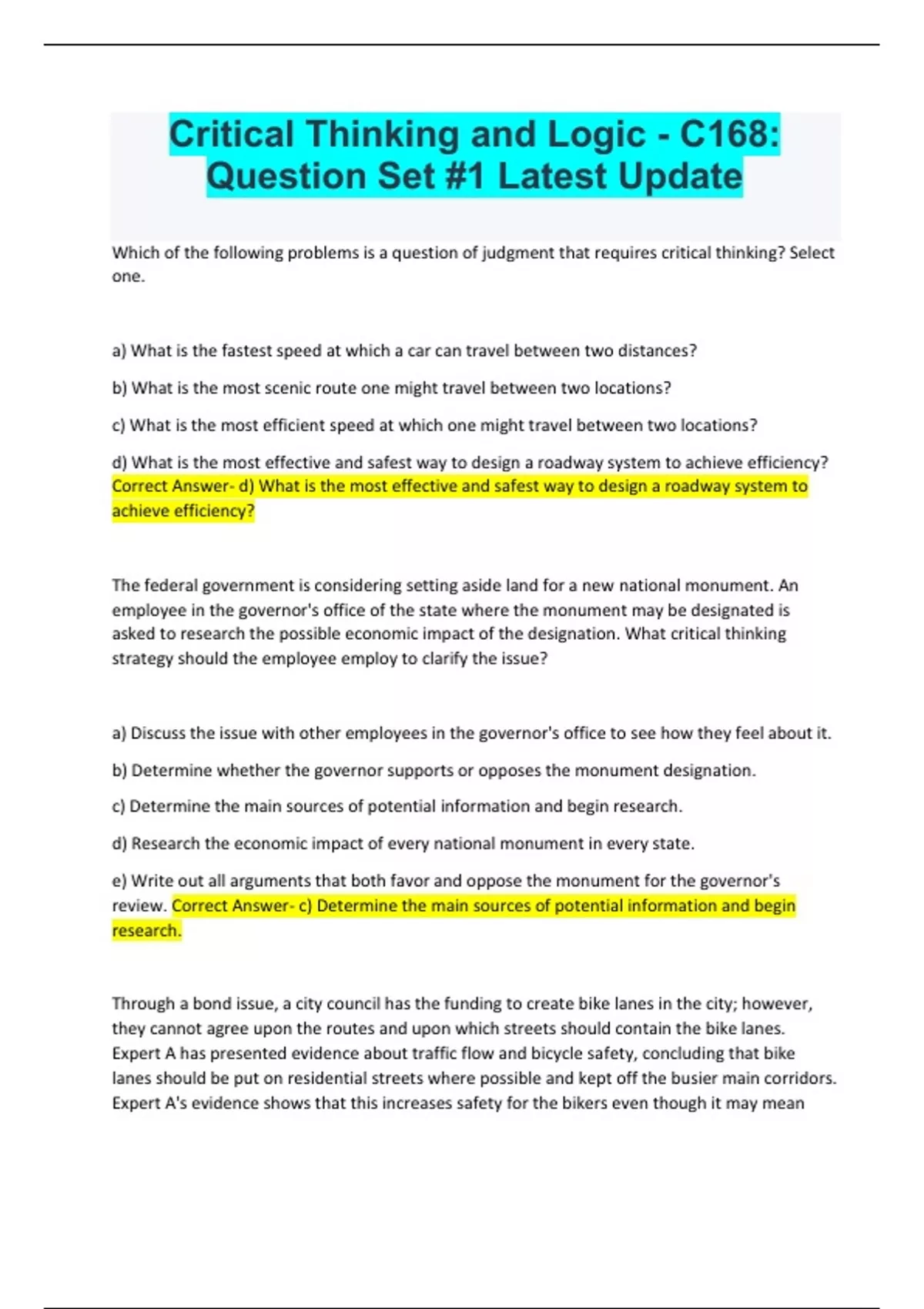 Critical thinking and logic c168 question set 1 latest update